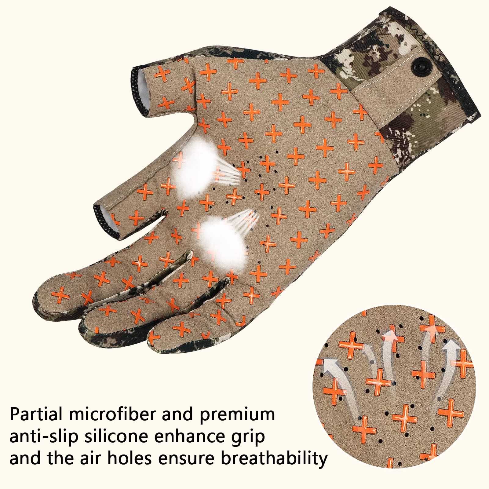BASSDASH Guantes unisex de caza de camuflaje sin dedos para hombres y mujeres, para clima cálido UPF 50+, ligeros fotografía de pesca HG03