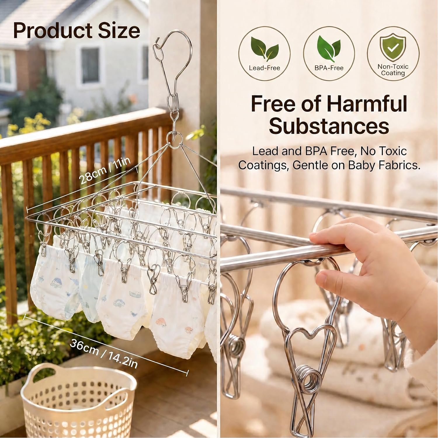 Cloth Diaper Drying Rack with 40 Clips, Rotating Foldable Stainless Steel Hanging Drying Rack, Indoor Rack for Baby Clothes, Diapers, Towels, Herbs, Socks, Underwear & Bras