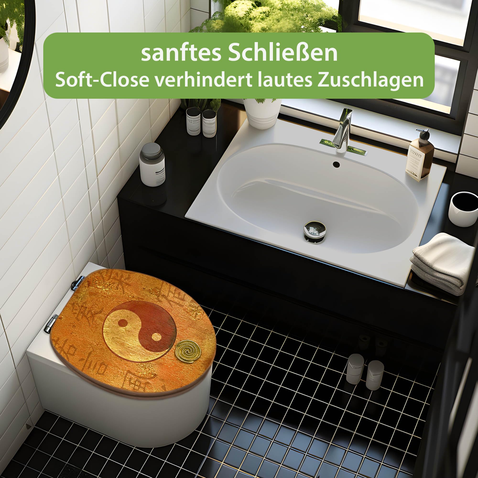 banjado Design WC Sitz Bambus Absenkautomatik 45,8x37,5cm - Toilettendeckel mit Absenkautomatik Holz - hochwertiger Bambus Klodeckel - WC-Sitz für gängigen Toiletten - Motiv Yin Yang