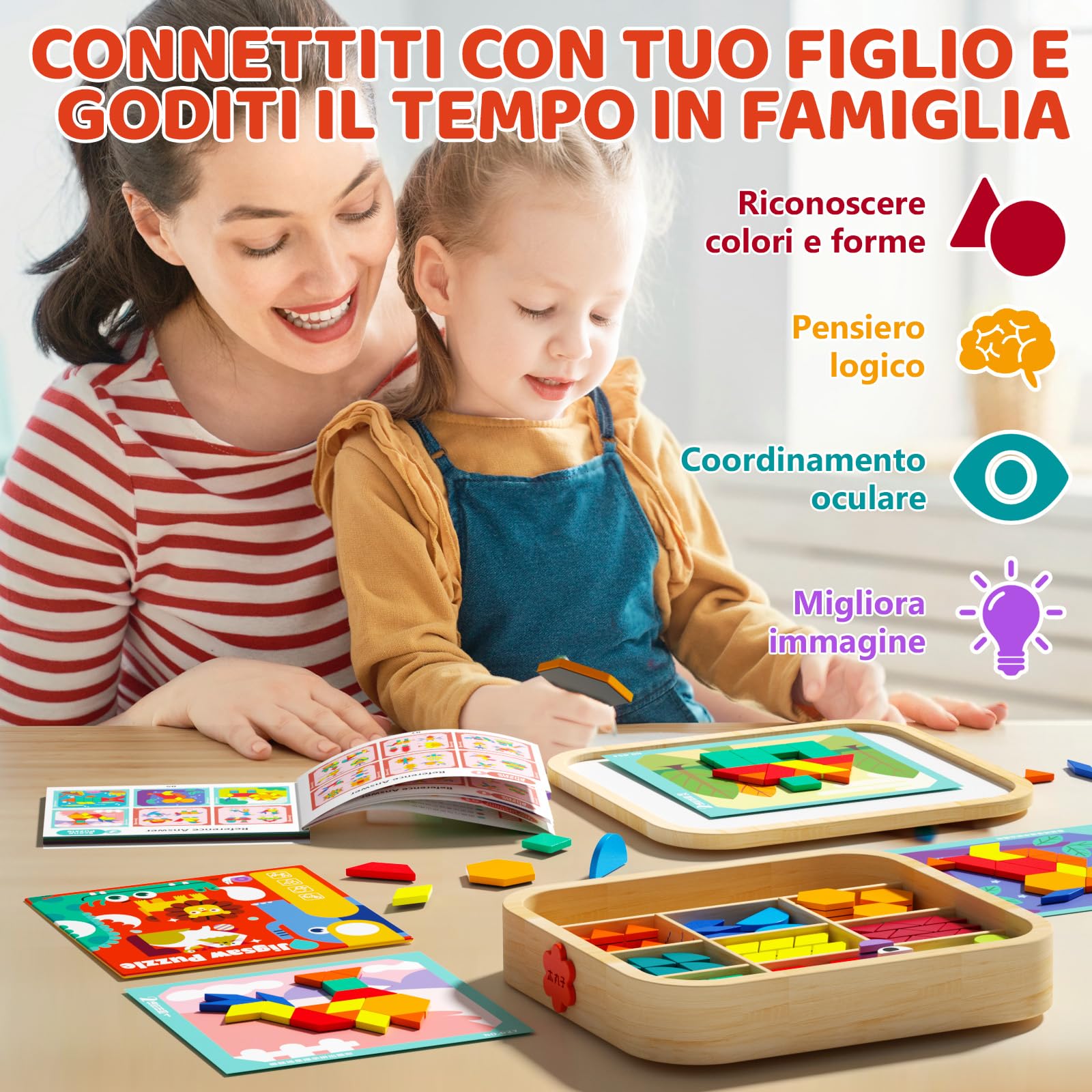 Set di Blocchi Magnetici in Legno con Carte, 288 Pezzi Puzzle Tangram Montessori Giocattoli Educativi per Bambini dai 3 ai 5 Anni, Regalo STEM Educativo per Bambini dai 3 ai 5 (288 per te)