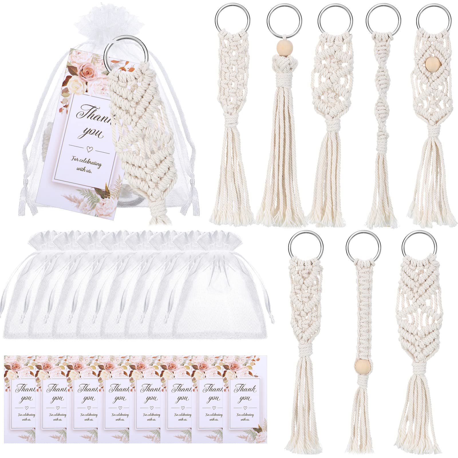 Giegxin 24 Pcs Boho Party Favors Macrame Keychains Bulk with Handcrafted Tassel Organza Bags Thank You Tags for Keys Purses Wallet Wedding Bridal