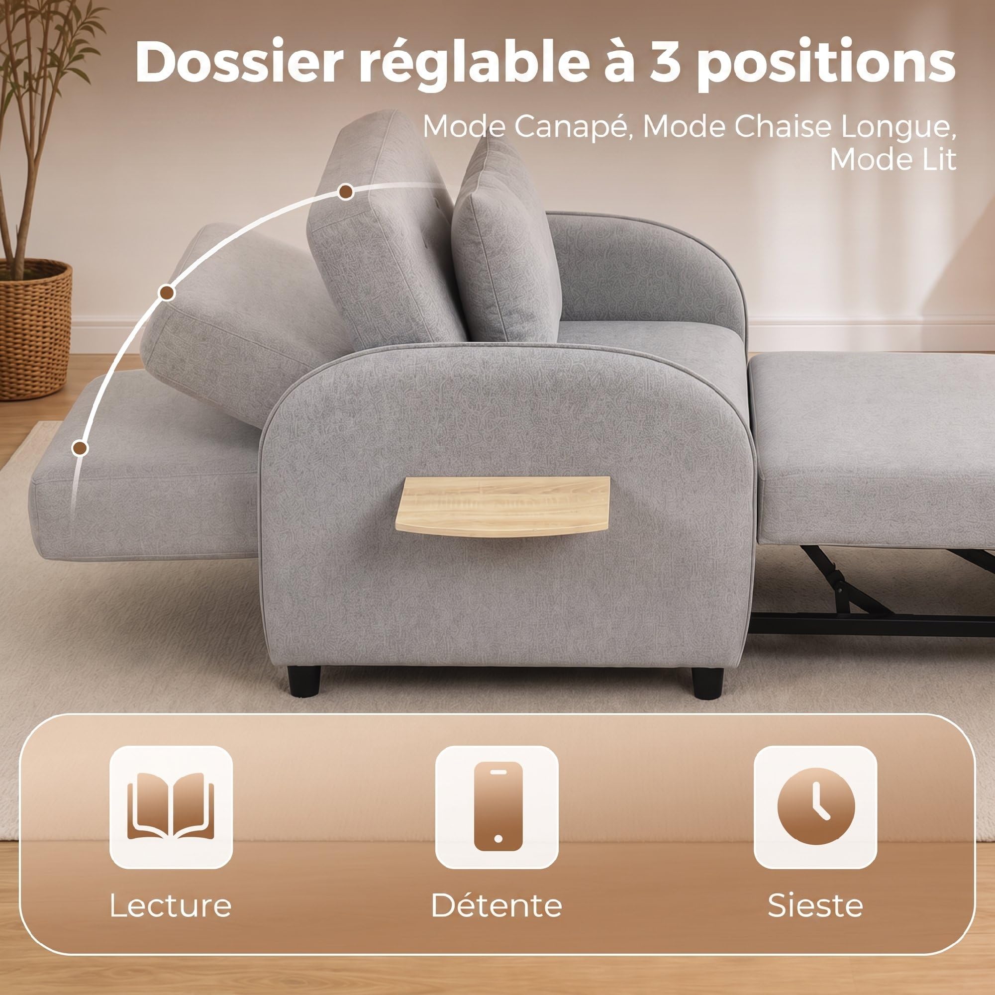 HOMCOM Fauteuil Convertible 1 Place Fauteuil-Lit Clic-Clac 3 en 1 Gris