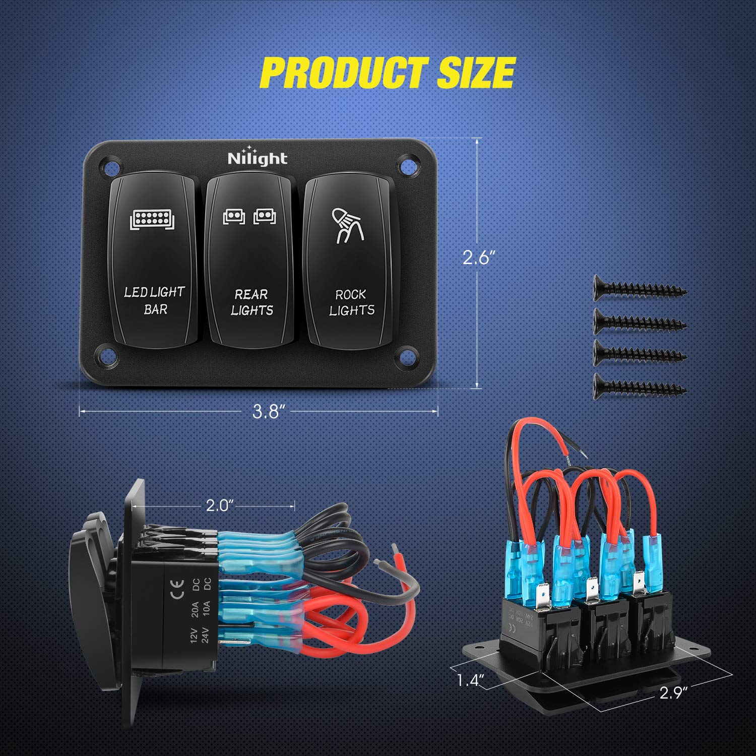 Buy Nilight 3 Gang Aluminum Rocker Switch Panel 5 Pin ON/Off PreWired