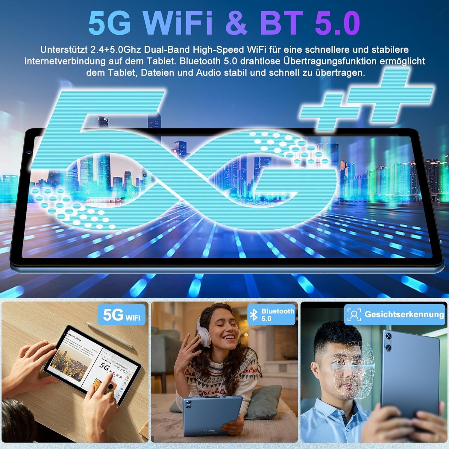 Biegedy Tablet Android 14 Octa-Core 10 Pollici, 20GB RAM+128GB ROM (1TB TF), 5G/2.4G WiFi 6, Widevine L1/6000mAh/GMS/Bluetooth 5.0/5+8MP, Tablet con Custodia Protettiva - Blu