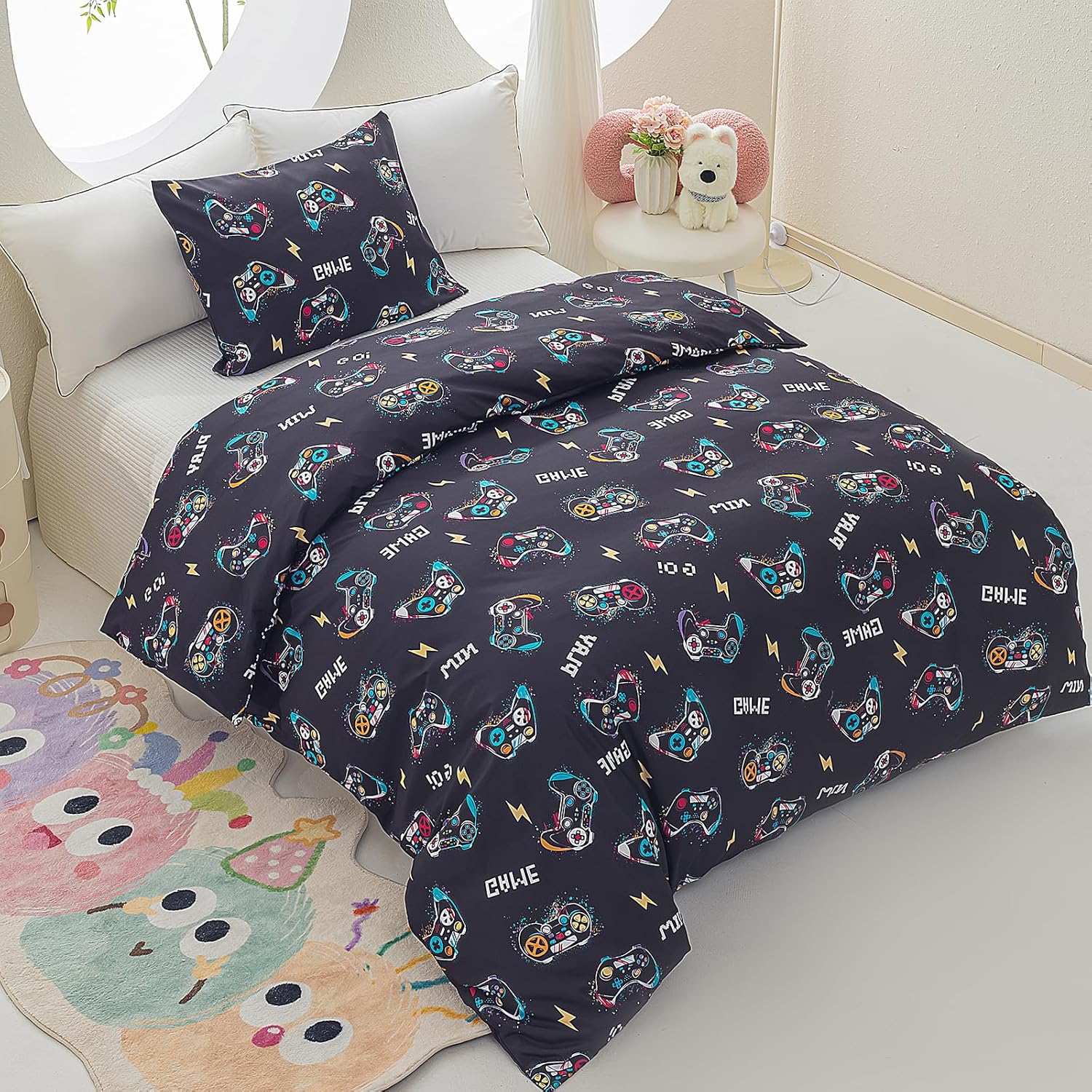 Black Gamer Twin Duvet Cover Set, 2-Piece Soft Reversible Comforter Cover for Boys with Pillowcase, Hidden Zipper Closure (Comforter Not Included)