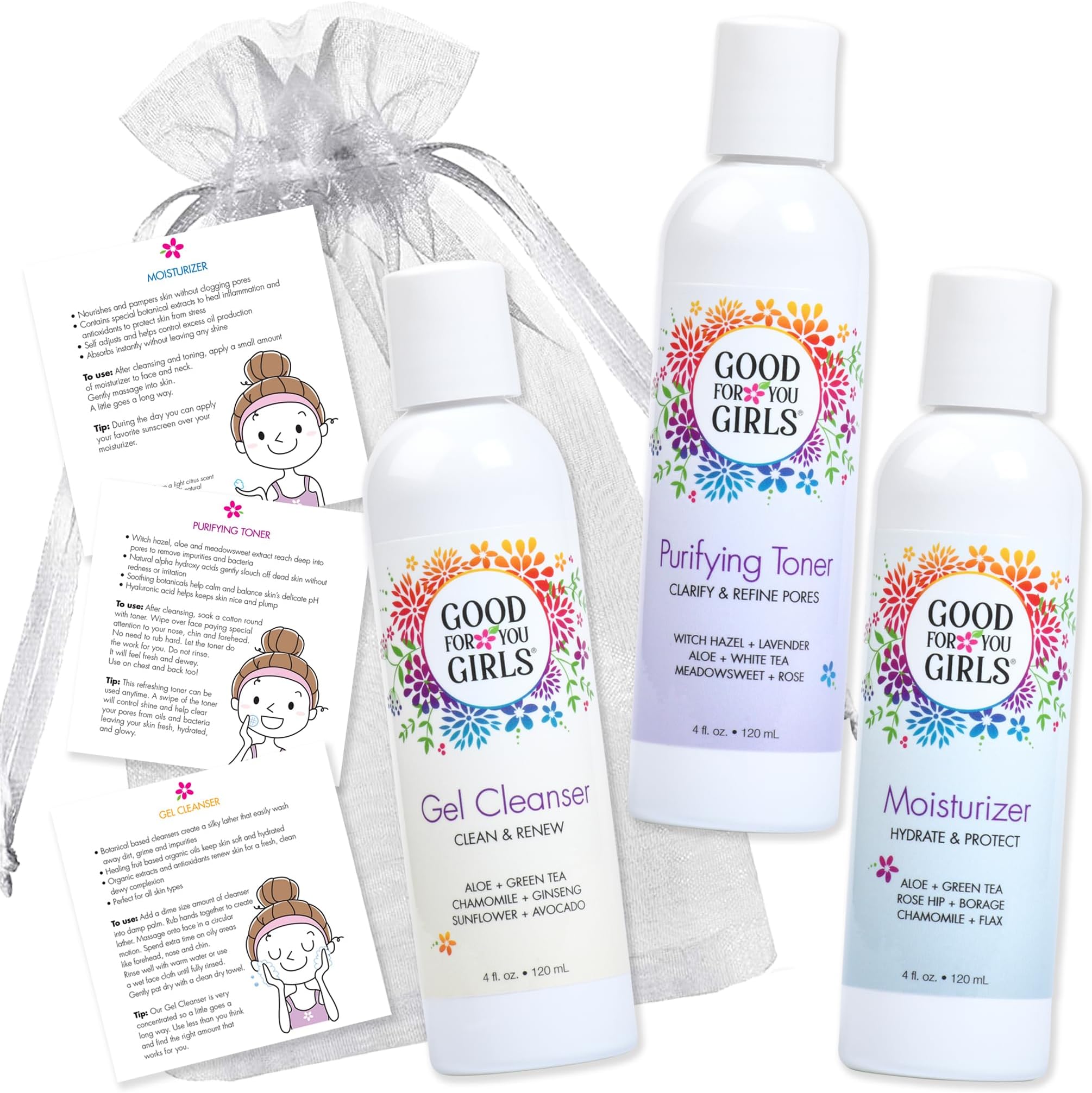 Good For You Girls Three Step Skincare Gift Set, Gel Cleanser, Purifying Toner and Moisturizer