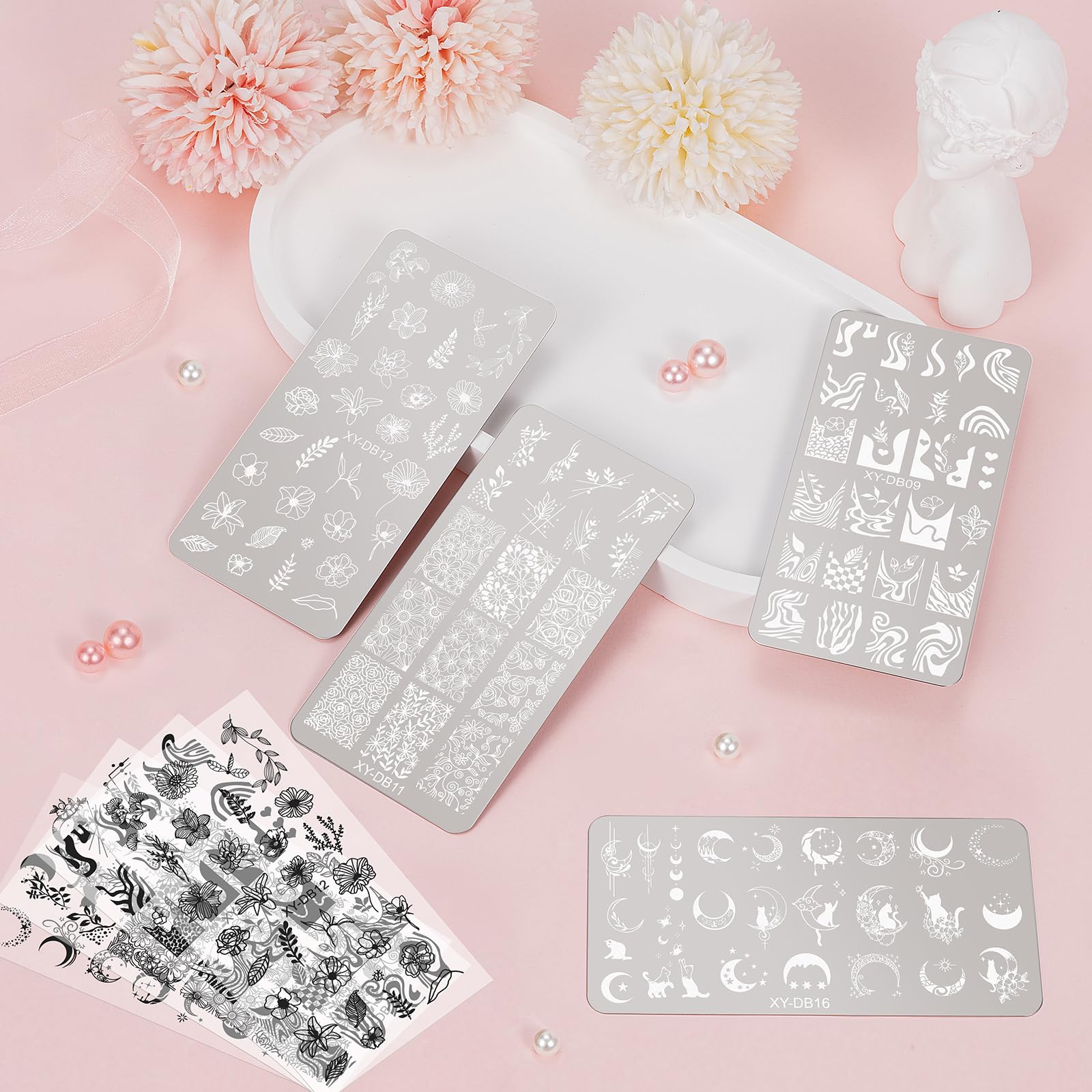 MWOOT 4 Pezzi Stamping Nail Art, Linee Fiore Foglie Luna Gatto Stencil Unghie Nail Art, Unghie Piastre French Manicure Nail Piastra, Unghie Timbro Scraper Piatti Templates per Decorazione Unghie