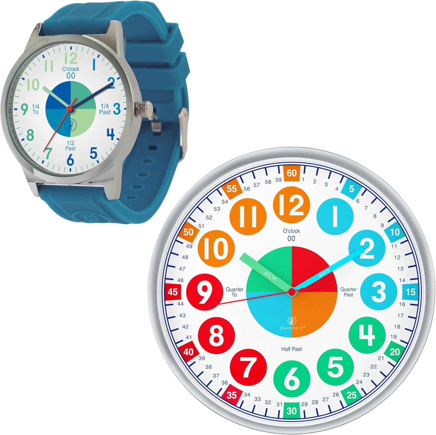 OWLCONIC Telling Time Teaching Clock - Bundled with Kids Watch. Learn to Tell Time Resources. Cool Marine Blue