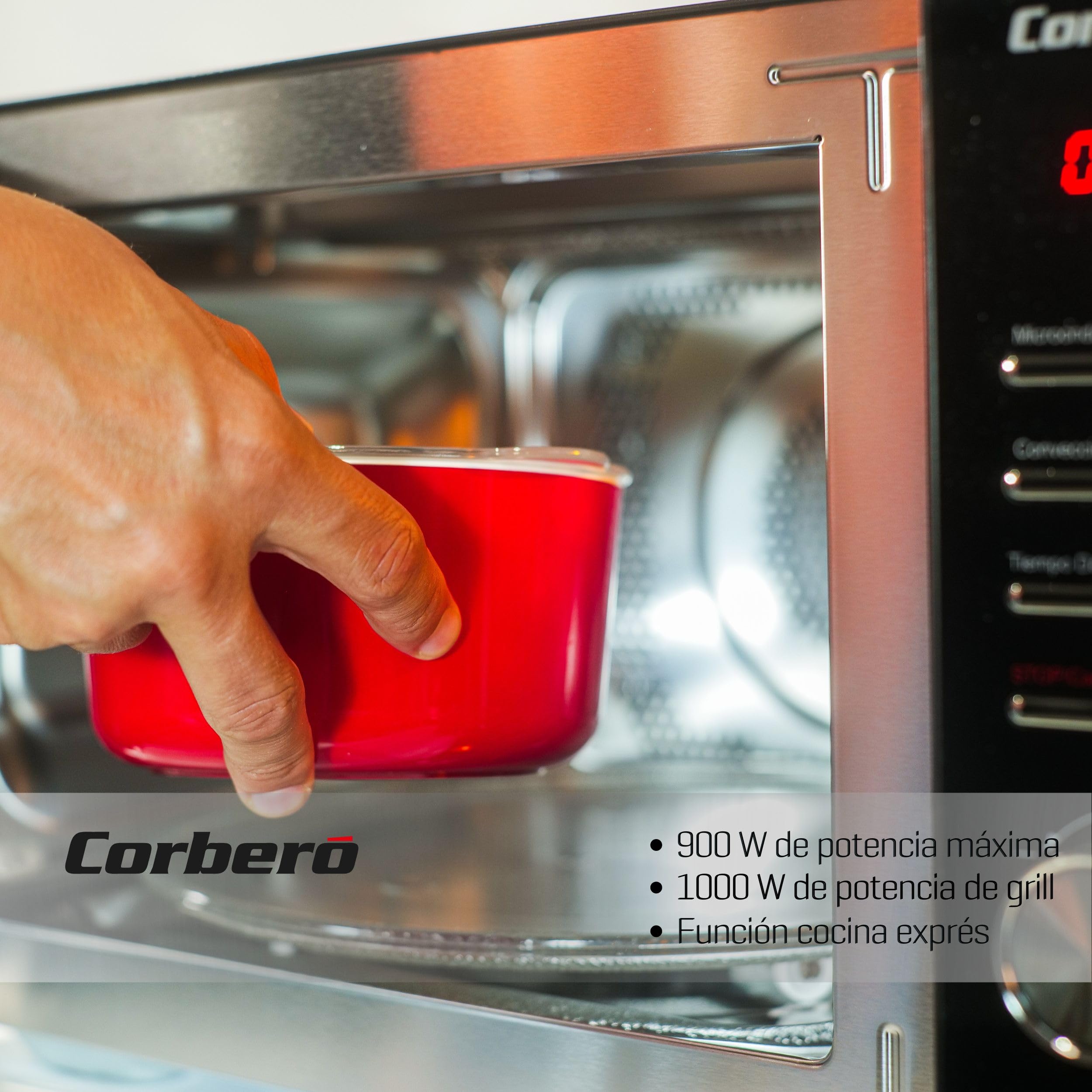 Corberó - Microondas Convección | CMICM9023DCB | 23L | 900W | Con Grill | 6 Niveles Potencia | Auto Menú | Descongelar | Control Digital | Plato Giratorio | Negro/Inox
