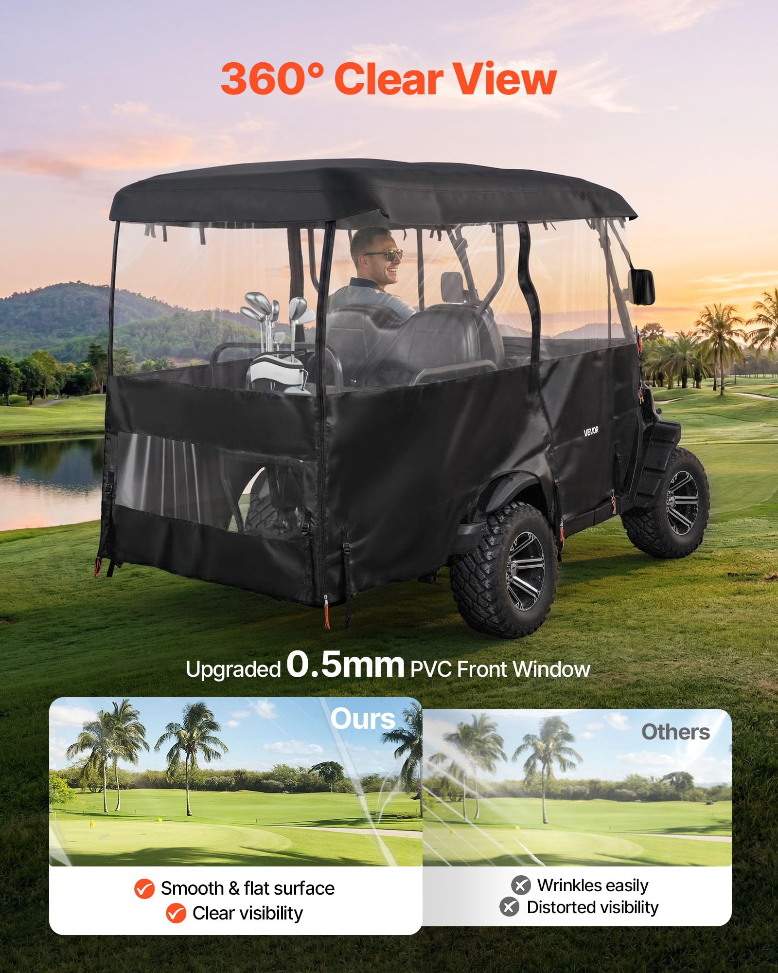 VEVOR Pokrowiec na wózek golfowy 420D na 2+2/4 osobowy, wodoodporny pokrowiec 2,2 m z powłoką PVC, haki wiatroszczelne, przednie okno, zwijane drzwi kompatybilne z EZGO Yamaha Honda