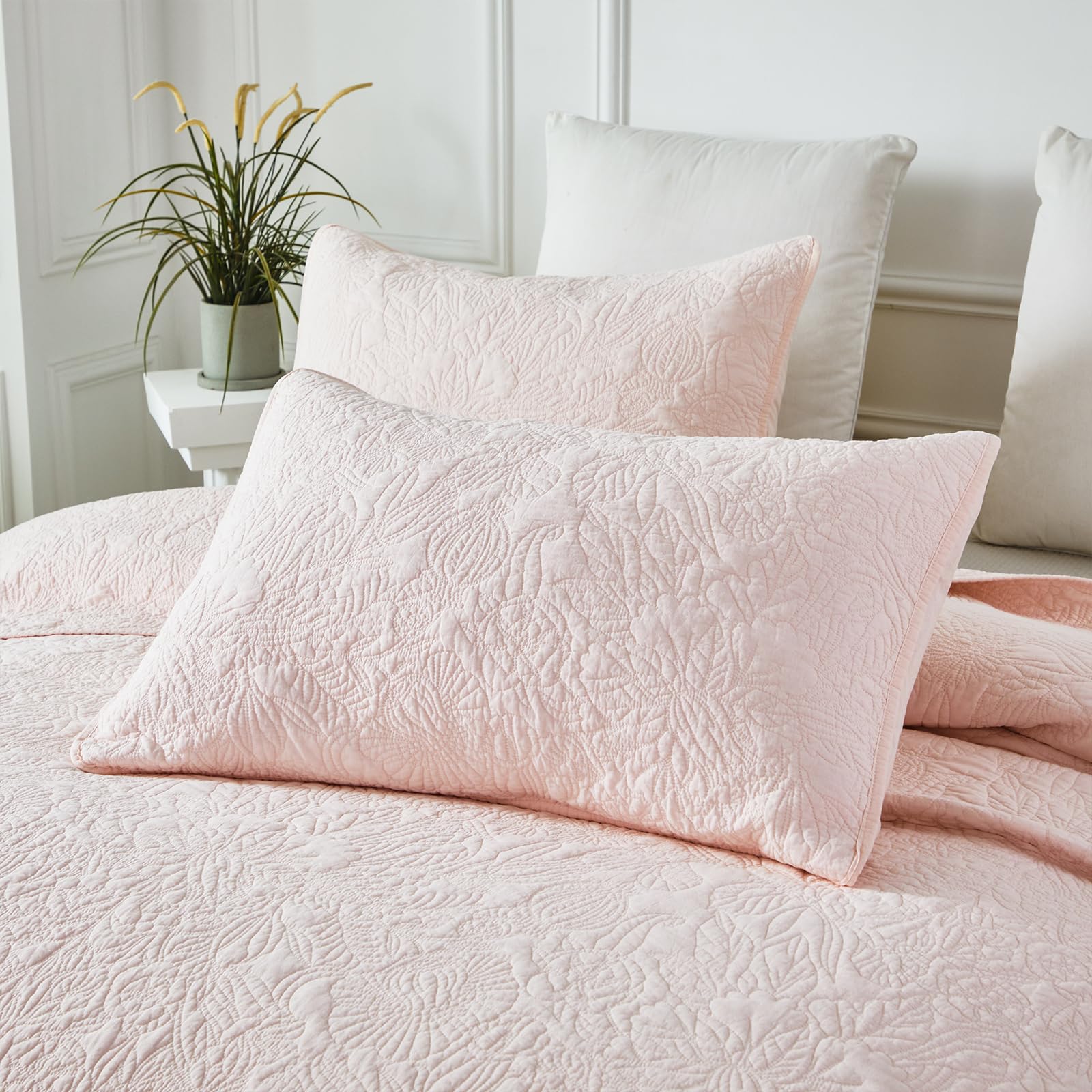 Brandream Pink Botanical Quilted Pillow Shams Cotton King Size Pillow Cases Set of 2 Comfy Soft Decorative Pillow