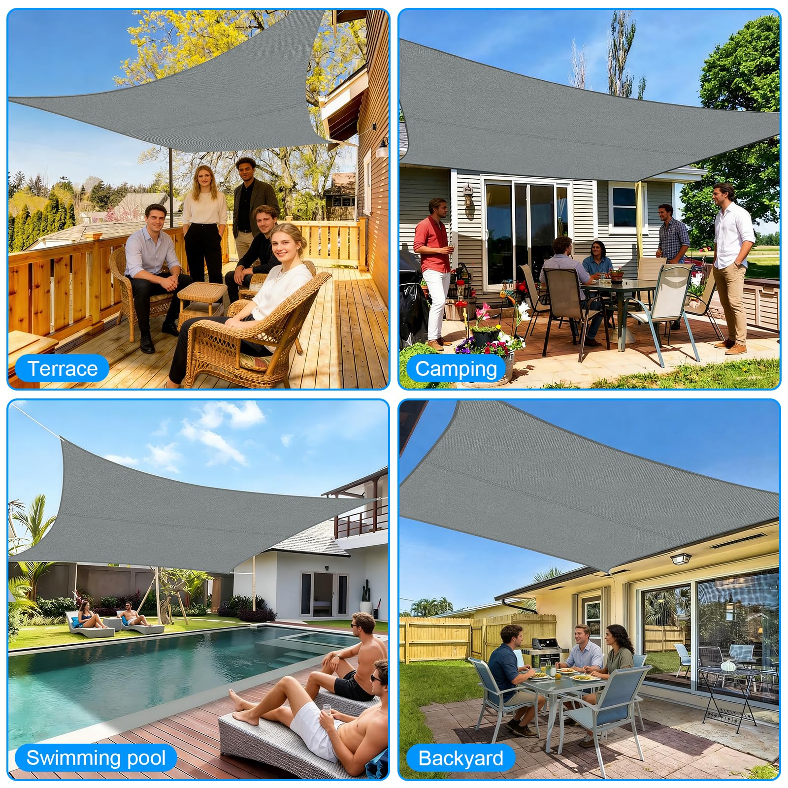 Toldo Vela 3 X 3 m Impermeable, Toldo Vela Rectangular con Ojales, con Kit de Fijación, Transpirable, Protección UV, para Terraza, Jardín, Balcón, Camping, Piscina