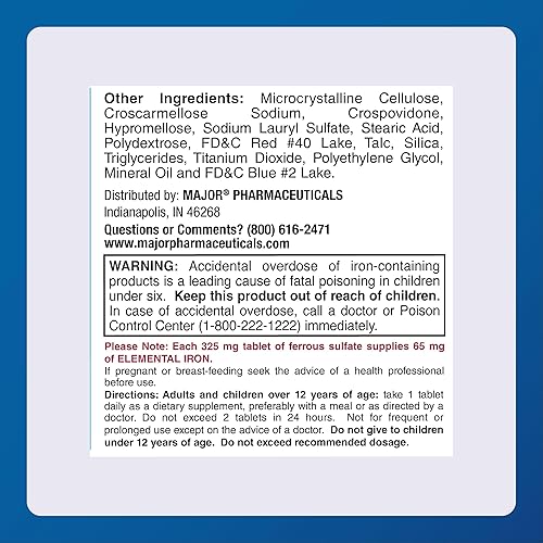Miniatura 6 de Major Ferosul - Tabletas de sulfato ferroso de 325 mg con 65 mg de hierro elemental, suplemento de hierro para mujeres, hombres, rojo, 100