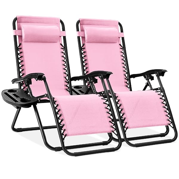 Best Choice Products Set of 2 Adjustable Steel Mesh Zero Gravity Lounge Chair Recliners w/Pillows and Cup Holder Trays - Bubblegum Pink/Black