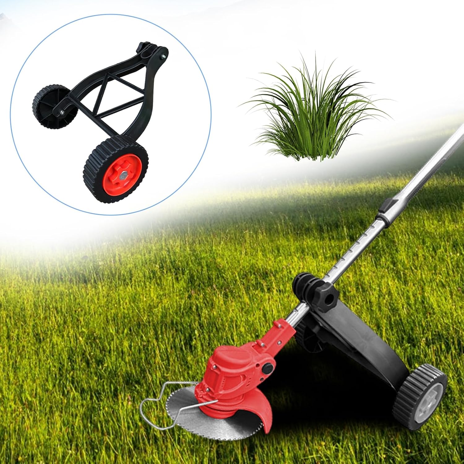 Adjustable String Trimmer Support Wheel Attachment, Lawn Mower Accessories Strong Load-Bearing Wide Compatibility Easy Installation Weed Wacker Wheels Black