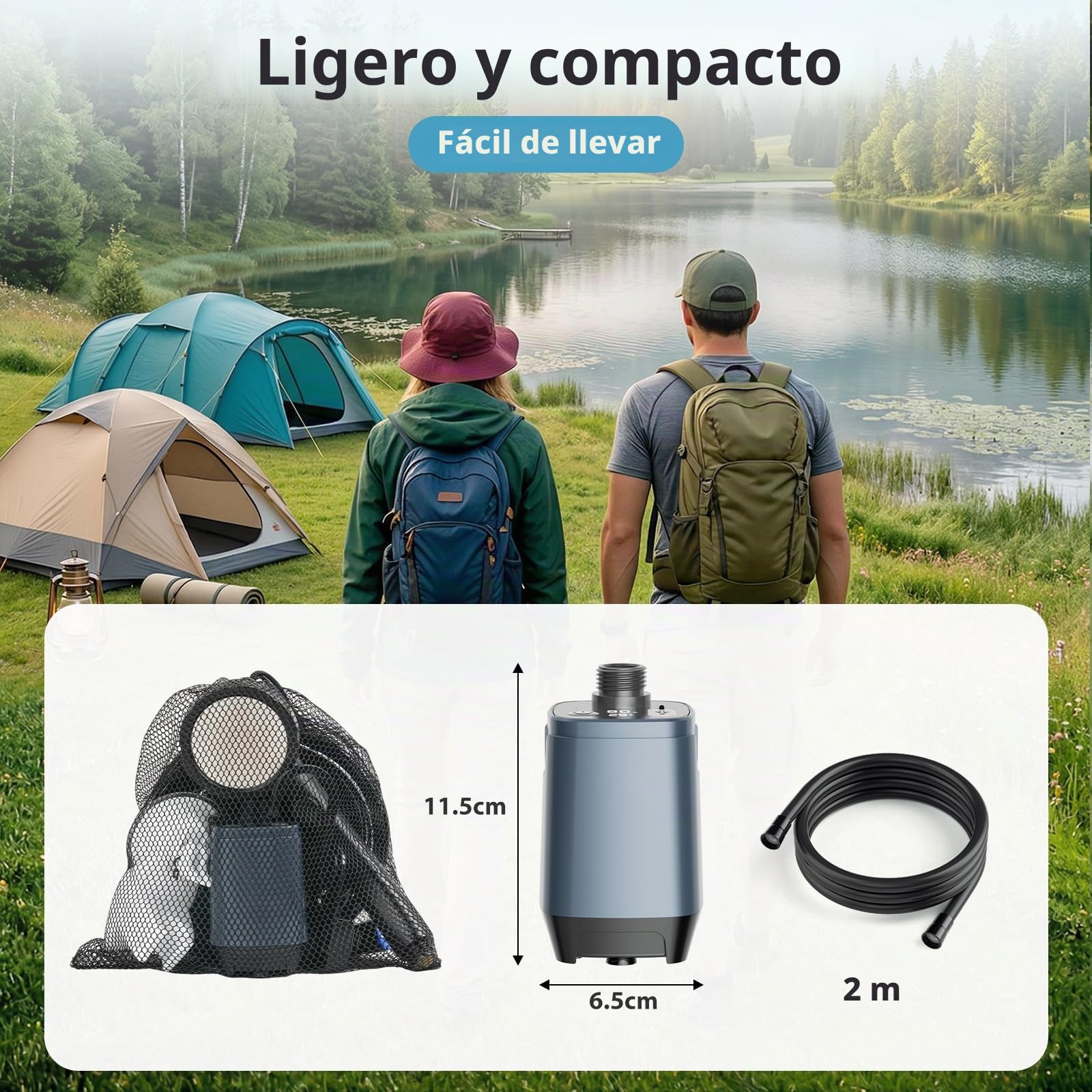 Ducha Portatil Camping,Pantalla Digital & 6000mAh Recargable Ducha Camper,IPX7,4 Modos de Ducha,Manguera de 2M para Acampar, Hacer Caminatas,Duchas al Aire Libre, Lavaderos de Coches