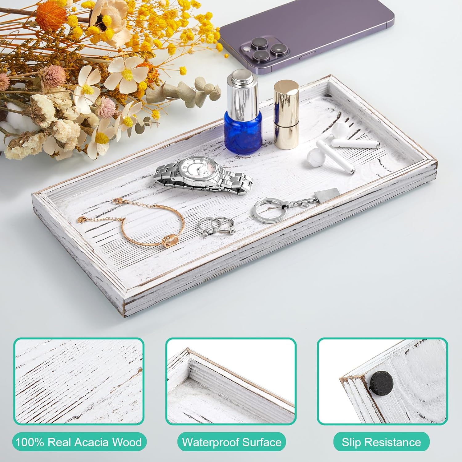 ALELION 11.7" White Bathroom Vanity Tray for Counter - Decorative Tray for Toilet Tank Makeup Perfume Jewelry Catchall Coffee Table - Wooden Kitchen Countertop Organizer for Soap Dispenser - Image 4