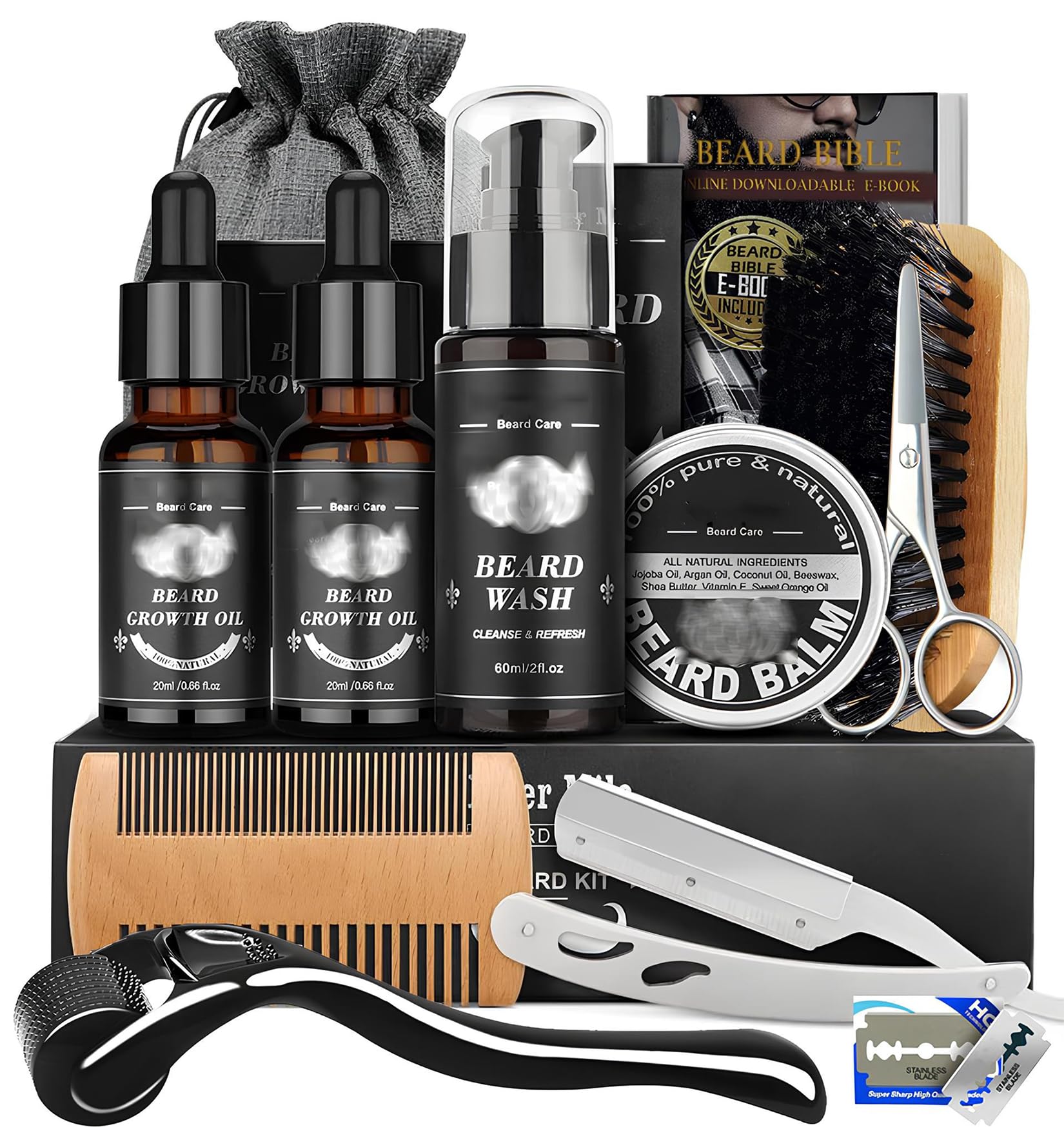 Kit Barba Hombre,Cuidado Barba Hombre con Aceite de Barba, Bálsamo de Barba,Peine de Barba y Tijera de Barba para Suaviza y Calma la Picazón,Kit de Barba Profesional Regalo para Papa, Novio, Marido
