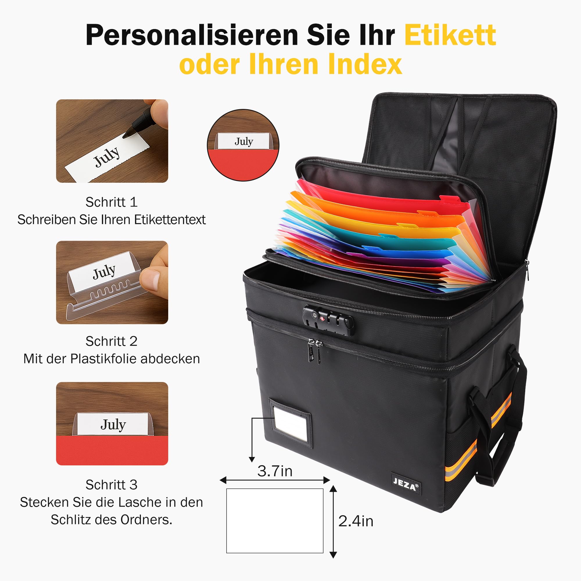 Jeza Feuerfeste und Wasserfeste Dokumentenbox mit Schloss, Faltbare Aufbewahrungsbox für Büro & Zuhause - Sichere Aufbewahrung für Dokumente & mehr - Inklusive 12 gratis Hängemappen