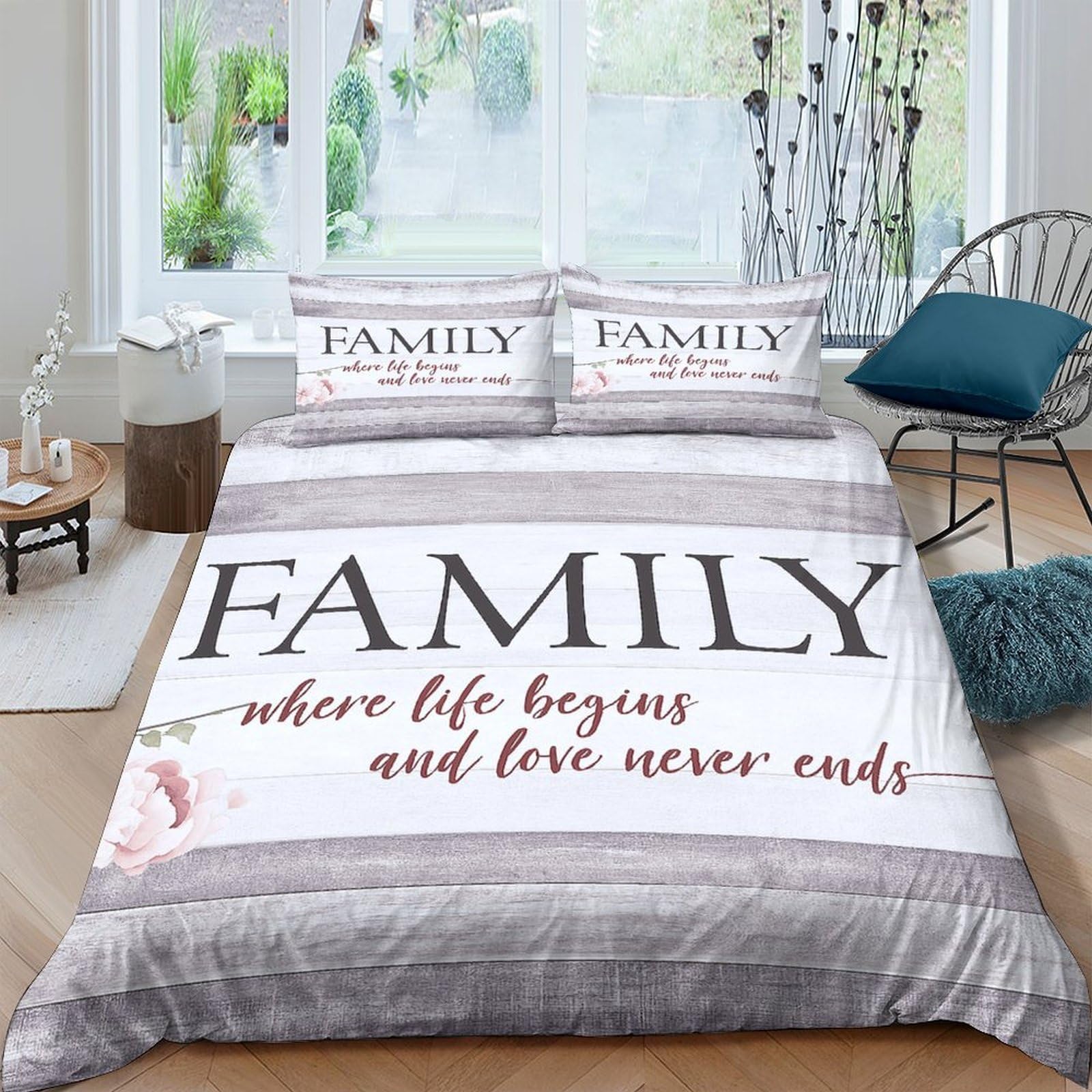Ctjqhvkz Style-3 3D Printed Family Quotes Fitted Sheet Microfiber Soft White Grey Lettering Bed Cover For Bedroom Guest Room Decor Single（135X200cm）