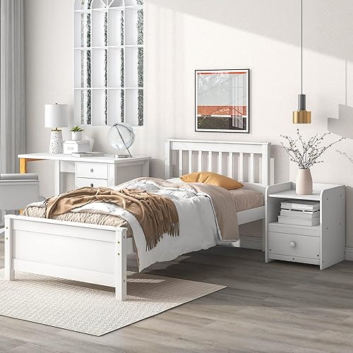 Cama individual, marco de cama de madera con cabecera y mesita de noche para niños, listones (blanco, individual)