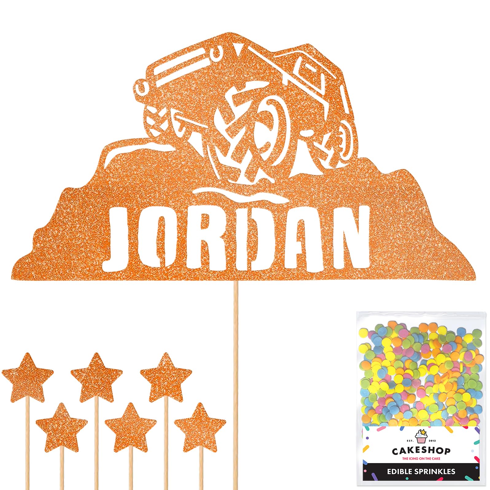 Personalised Off-Road Land Rover Jeep Glitter Topper - Copper Orange Custom Name 4x4 Glitter Cake Decoration and Sprinkles - Happy Birthday Decorations - Personalised Toppers for Cakes by Cakeshop