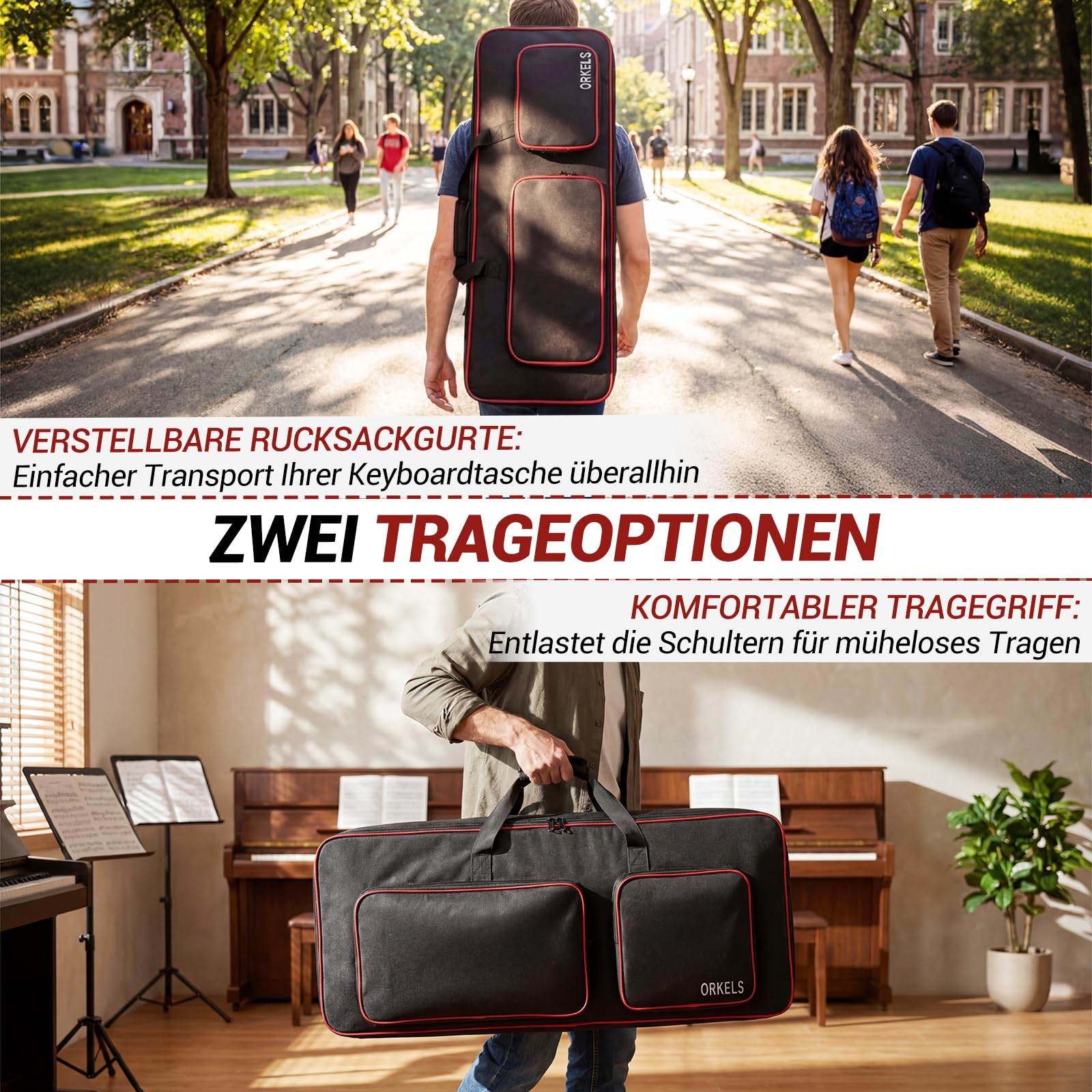 Funda para piano electrónico, acolchada, impermeable, 600D, con correas de mochila y compartimento para accesorios (49 teclas, 86 x 35 x 11 cm)