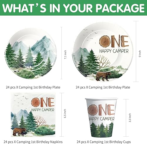Miniatura 2 de Suministros para fiesta de primer cumpleaños de campamento  Vajilla para decoración de cumpleaños de un campista feliz, plato, taza, servilleta,