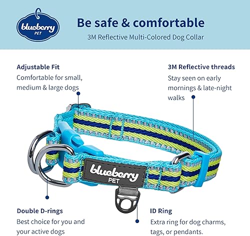 Miniatura 2 de Blueberry Pet Collar de seguridad para perro con anillos en D dobles  Collar ajustable multicolor reflectante 3M en azul y amarillo  Collar de