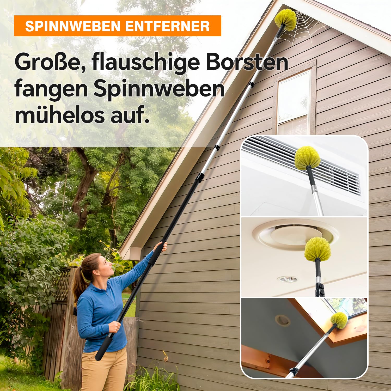 ARTIPOLY 6 m Staubwedel mit Teleskopstiel Set, 5-in-1 Staubwedel für hohe Reichweite mit Chenille Fensterabzieher und Mikrofaser Federstaubwedel für Decke und Wand im Innen- und Außenbereich, Gelb