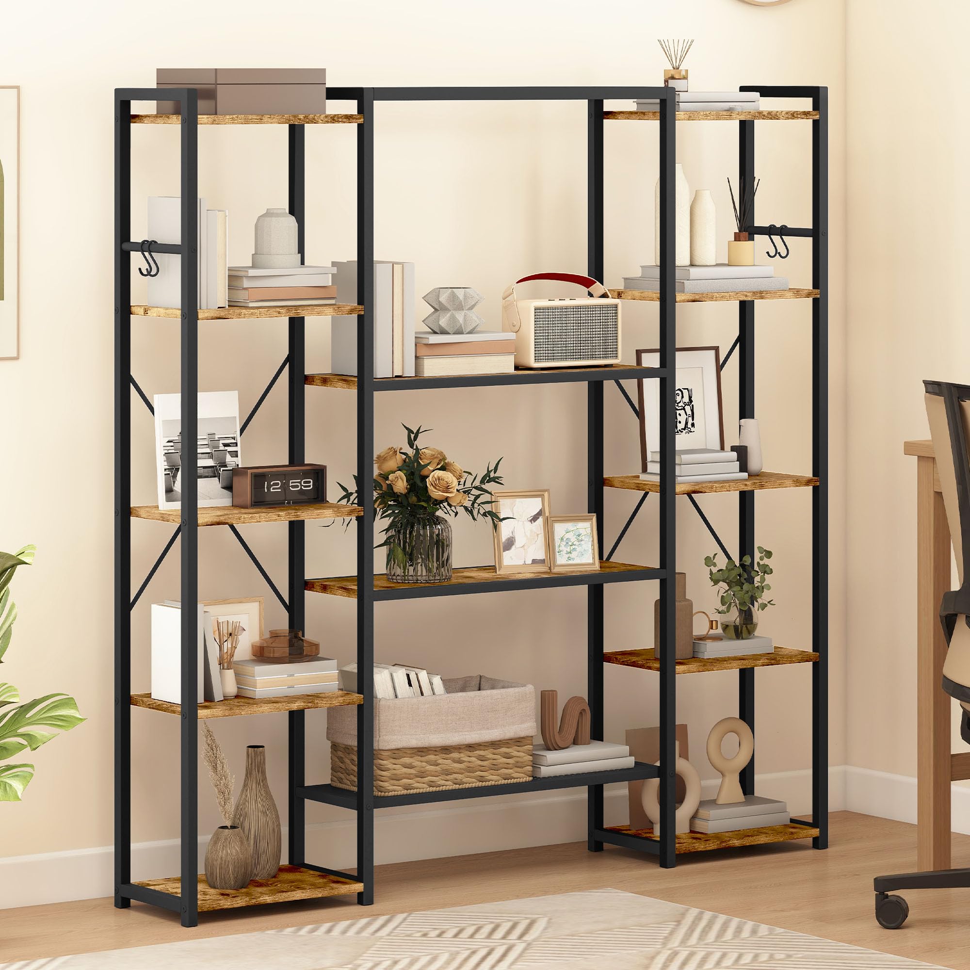 DWVO Libreria alta e ampia, libreria industriale con 13 ripiani, scaffale in legno e scaffale per libri in metallo, espositore per soggiorno, casa, ufficio, marrone rustico