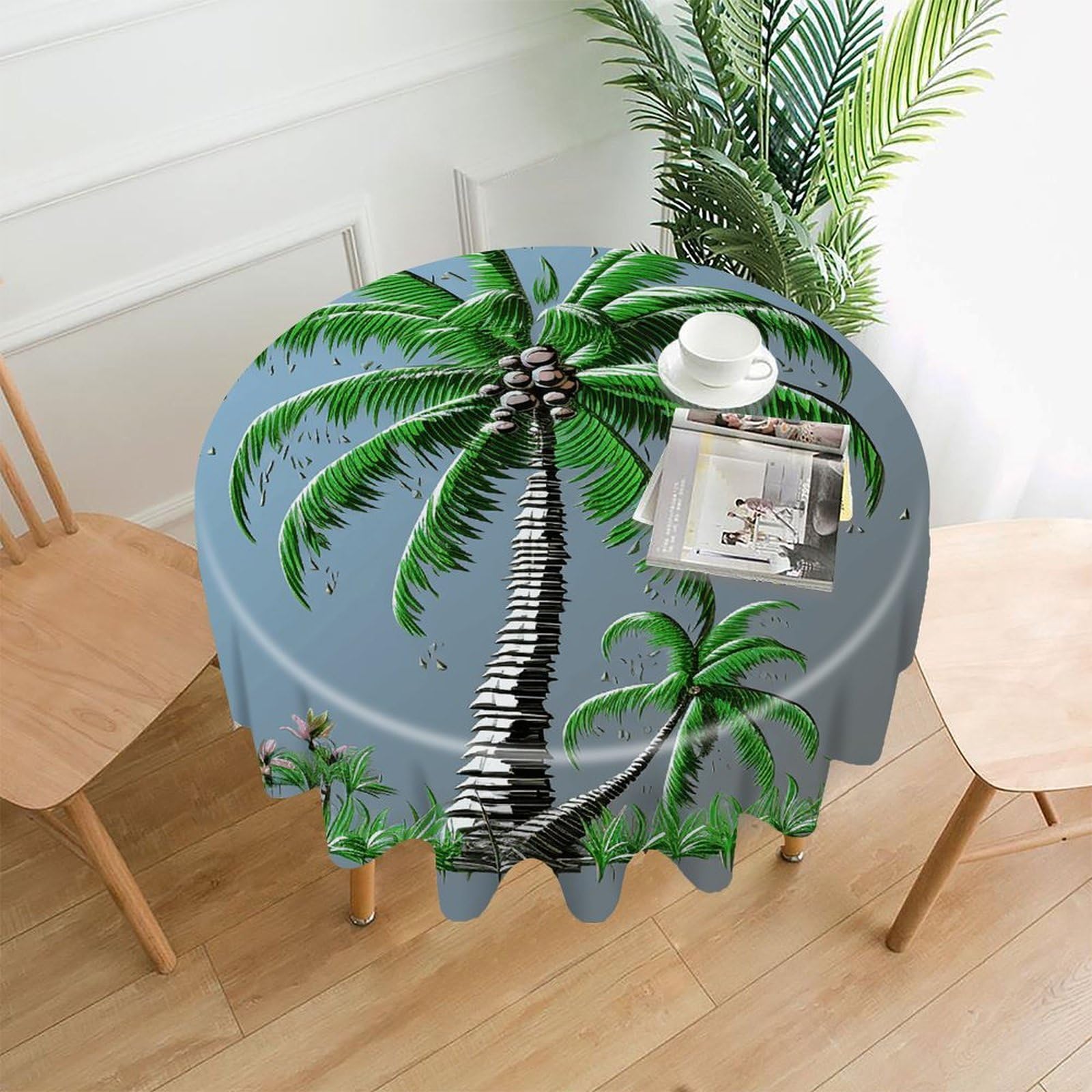 VstaDank Coconut Tree Tablecloth Easy to Clean Polyester Round Table Cover Washable Round Table Cloth Wrinkle-Free Circle Decoration Tablecloth for Kitchen Dining Room 60"