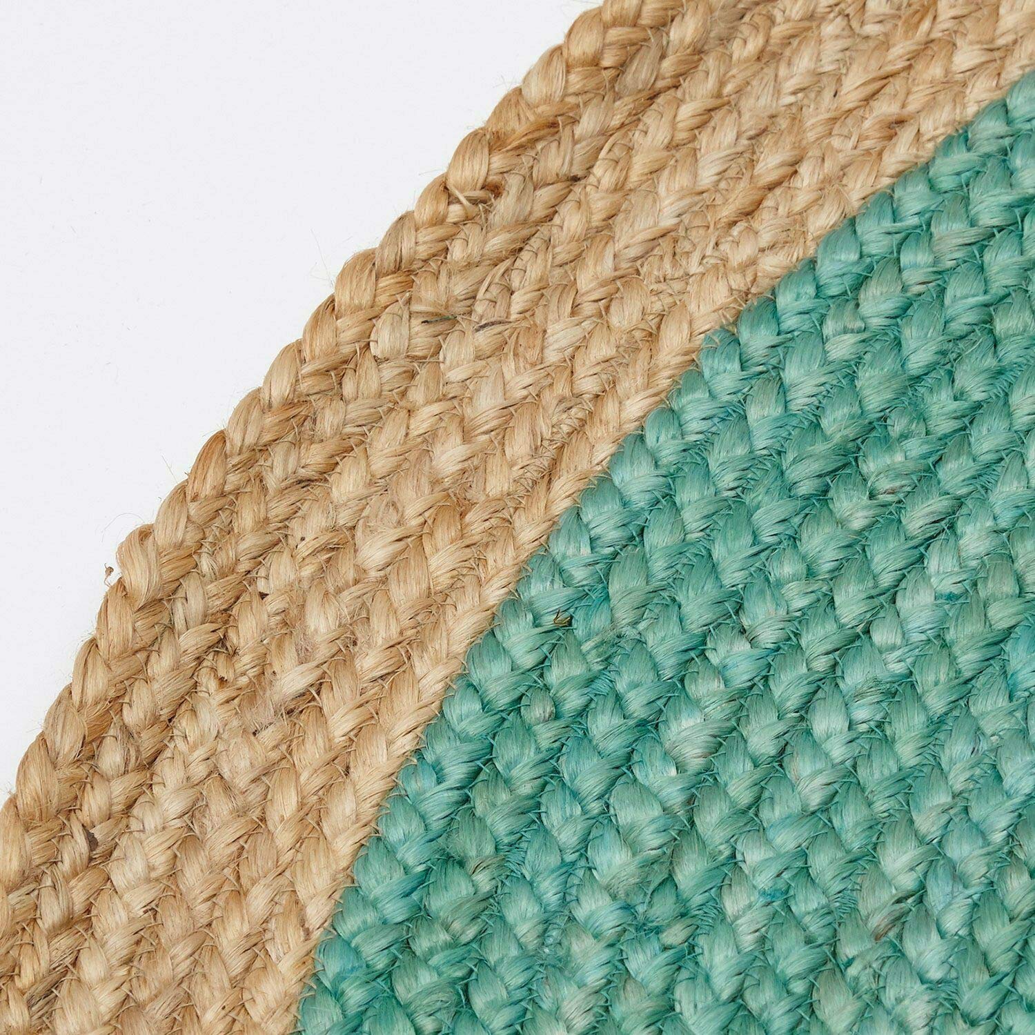 Tapis rond en jute naturelle tissé à la main, turquoise avec bordure beige, 91,4 x 91,4 cm (91,4 cm rond)