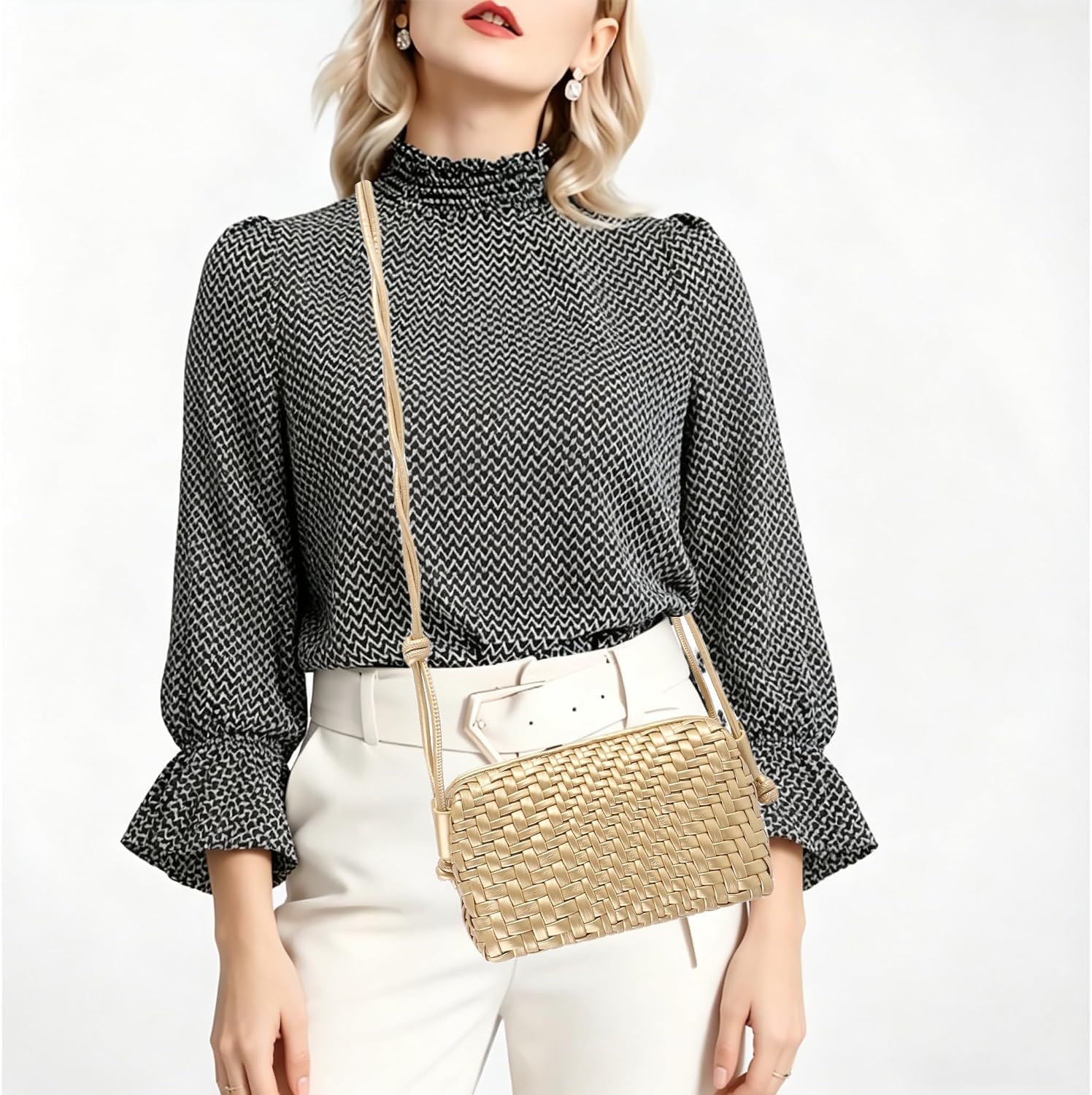 Women Crossbody Bag,Vegan Leather Woven Shoulderbag,Cute Purse Small Handbag Tote Bag with Adjustable Strap