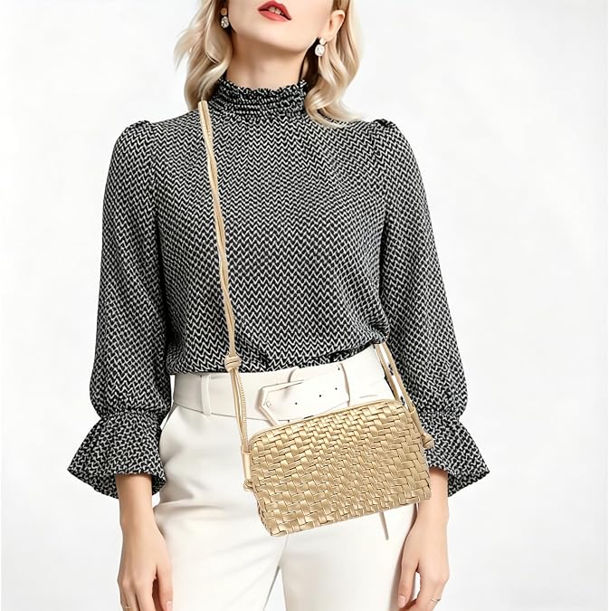 Hnycinj Small Woven Crossbody Bag with Adjustable Strap | Vegan leather shoulder purse, cute tote handbag, lightweight, for daily casual use, Summer