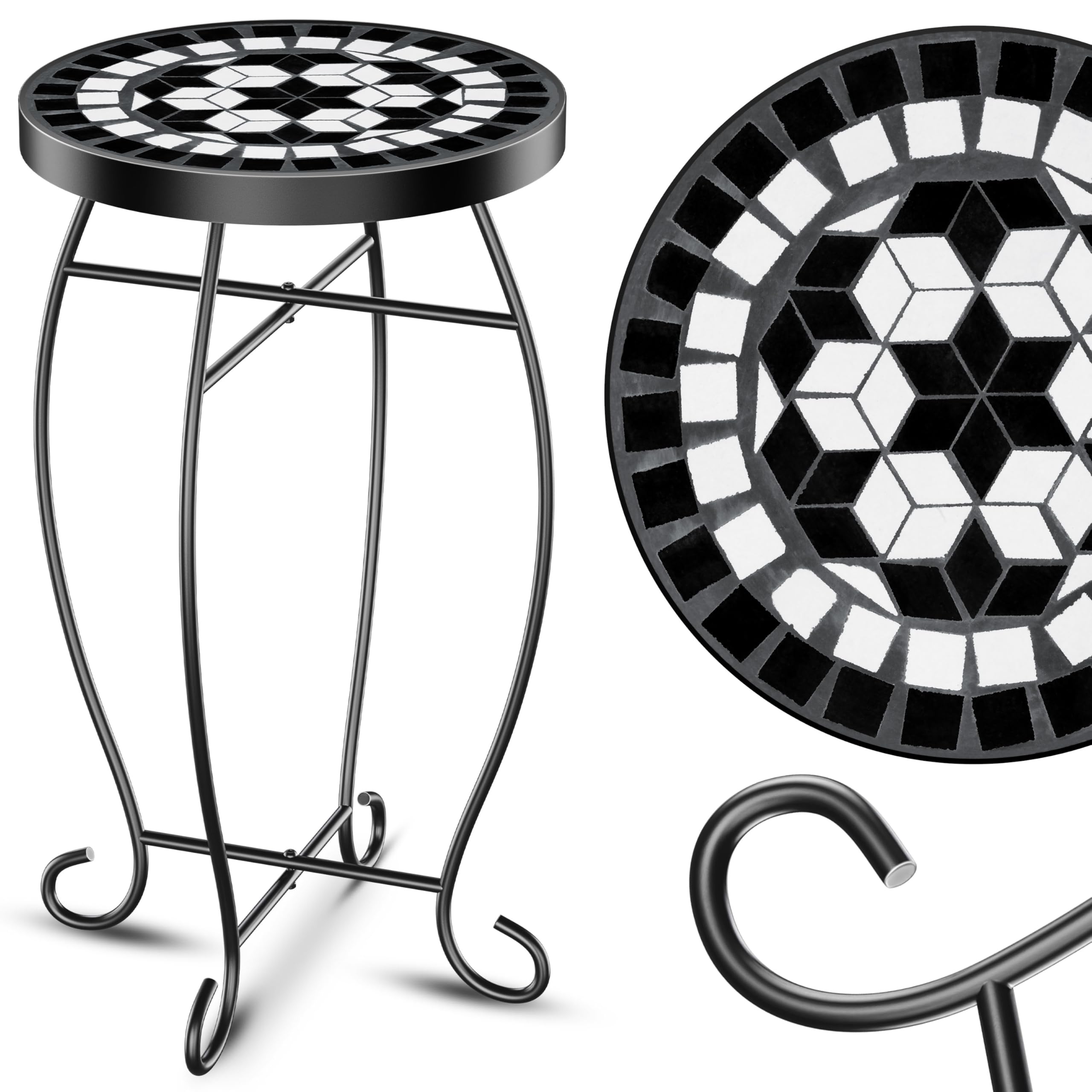 KESSER® Mosaiktisch Bistrotische Blumenhocker Rund 60 x 34 cm Metall Mosaik Beistelltisch Balkontisch Gartentische Terrassentisch Balkon Steinmosaik Garten Gartentisch Indoor Outdoor, Tetragon