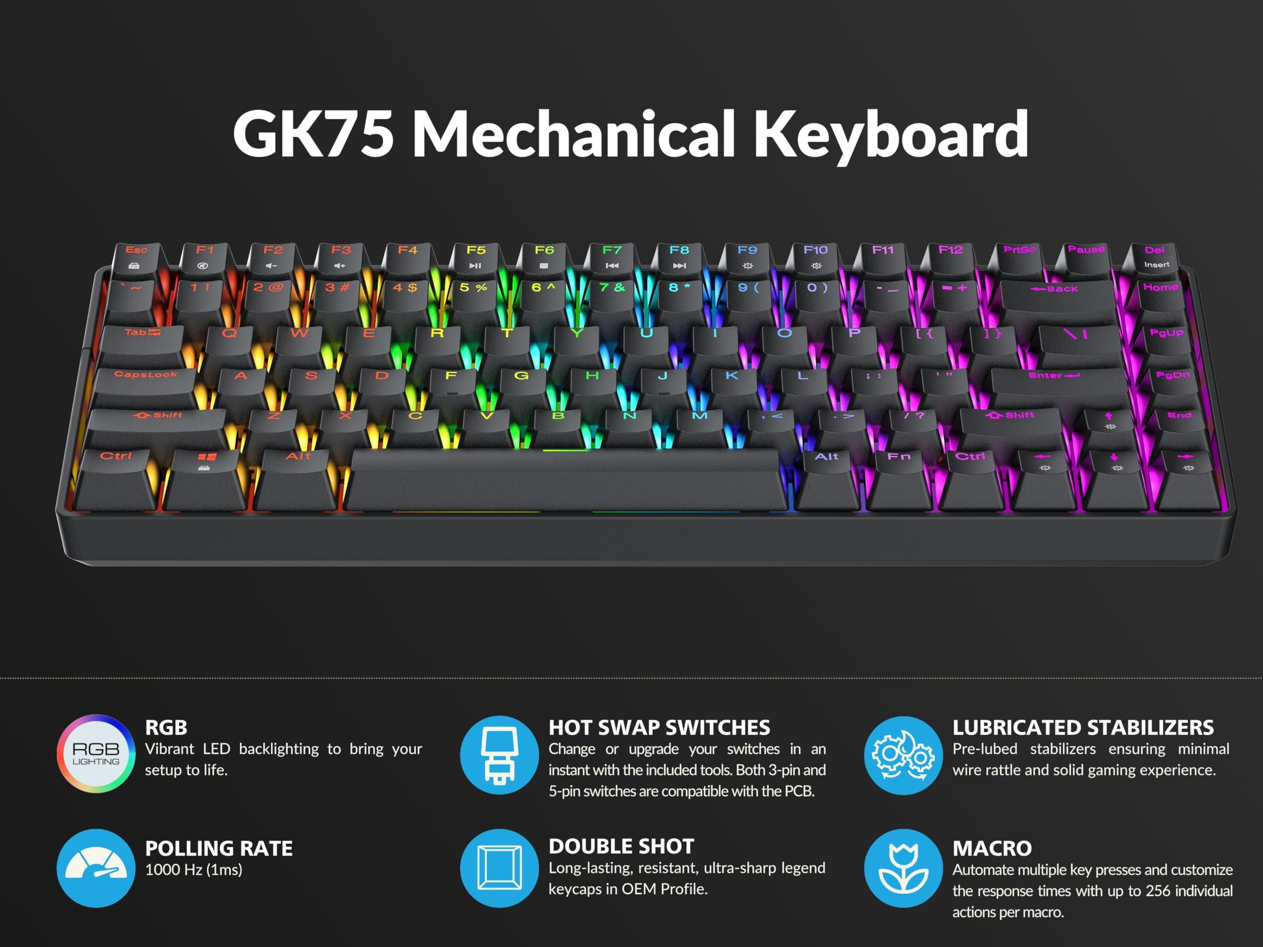 Geeky GK75 75% | Hot Swappable Tastiera da Gioco Meccanica | 84 Tasti Multi Colore RGB LED Retroilluminati per Gaming su PC/Mac | ANSI US Tastiera Americana (Nero, Mechanical Black)