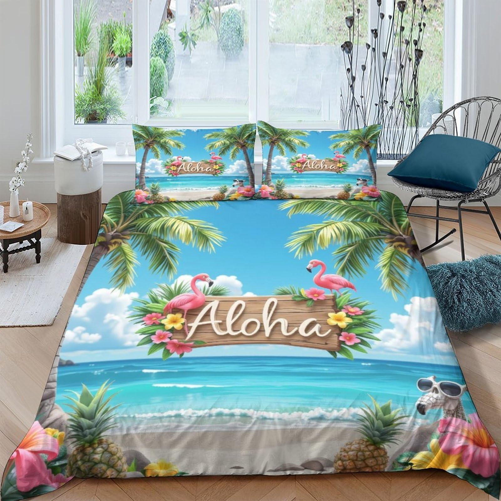 Ctjqhvkz Style-6 3D Printed Tropical Beach Fitted Sheet Microfiber Soft Flamingo Palm Mattress Cover For Bedroom Guest Room Home Decor Single（135X200cm）