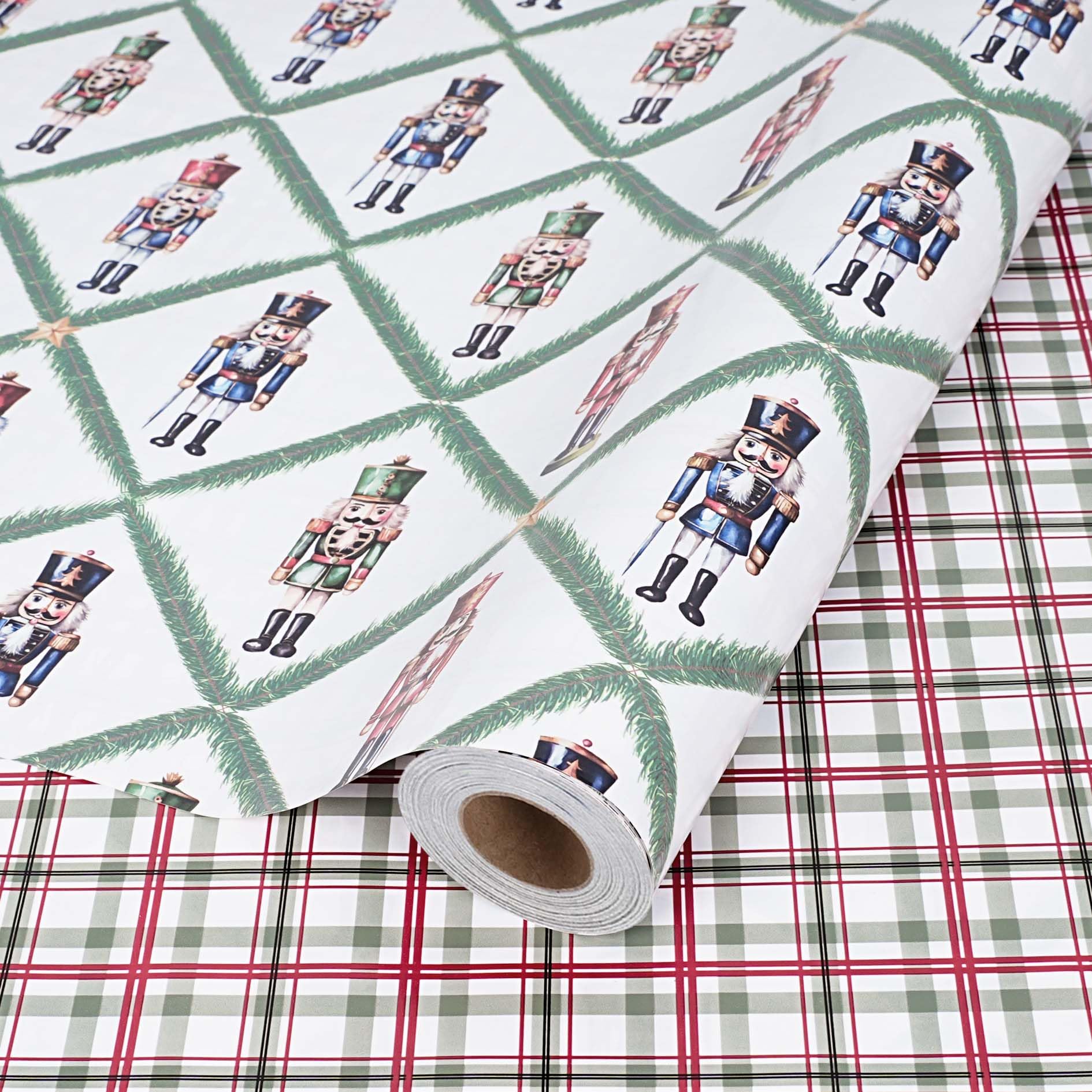 BIOBROWN Nutcracker Plaid Christmas Wrapping Paper Roll, 43cm x 10m