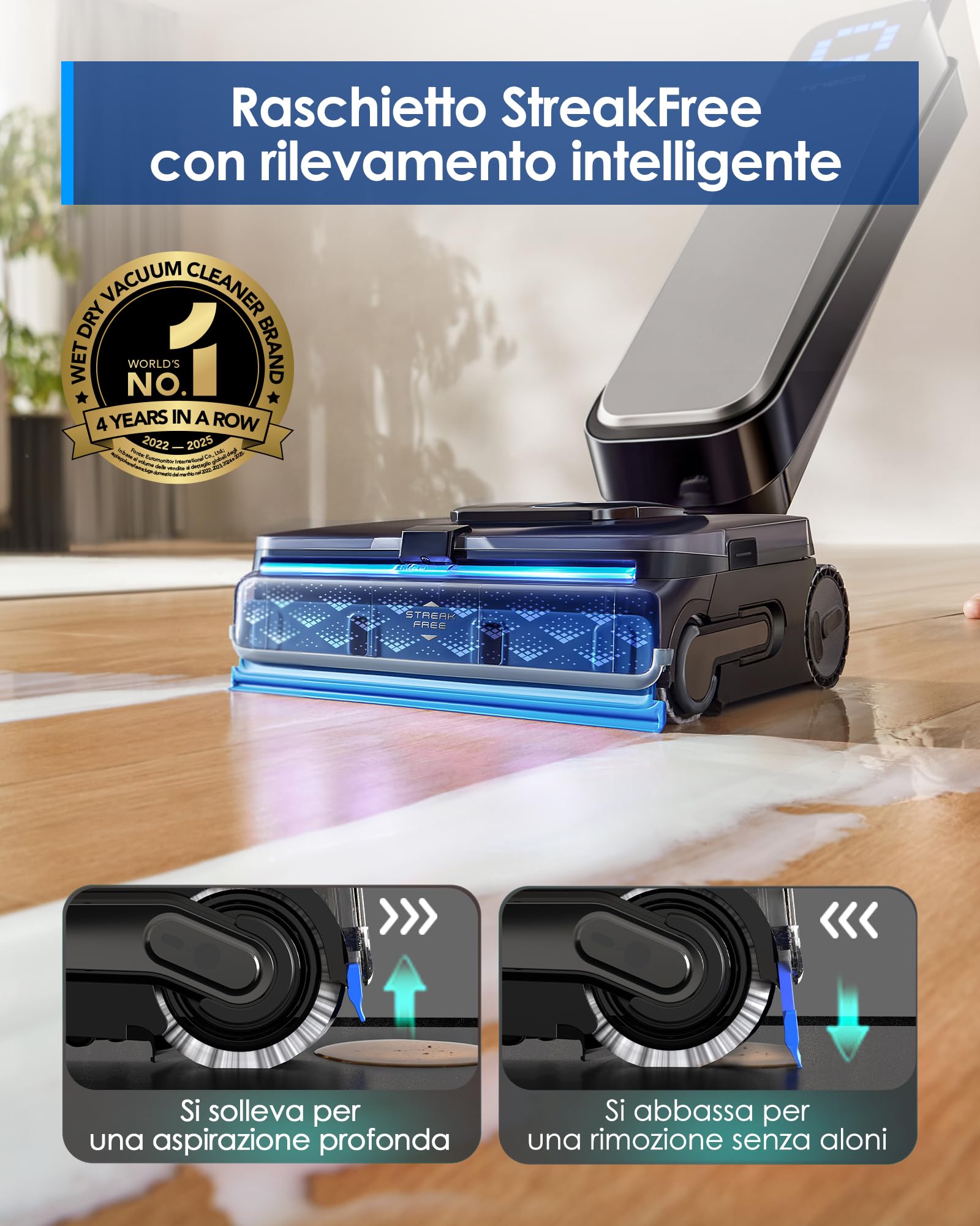 Tineco FLOOR ONE S9 Scientist Lavapavimenti Senza Fili, Aspirapolvere Smart 3-in-1, Asciugatura Rapida 85°C FlashDry, Autonomia 80 Min, Lay-Flat 180° per Sotto i Mobili, SmoothDrive 360°, Display LED