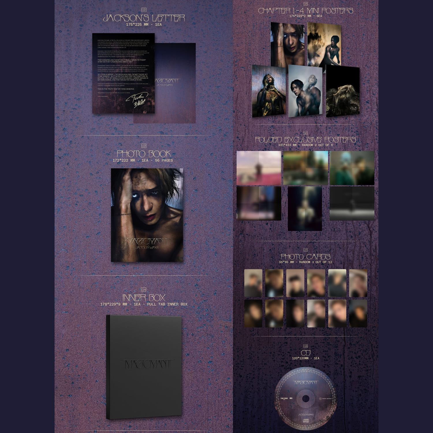 Jackson Wang - [MAGICMAN 2] Outer Box + Jackson's Letter + Photo Inner Box + Chapter 1-4 Mini Posters + Folded Exclusive Posters 4 Extra Photocards