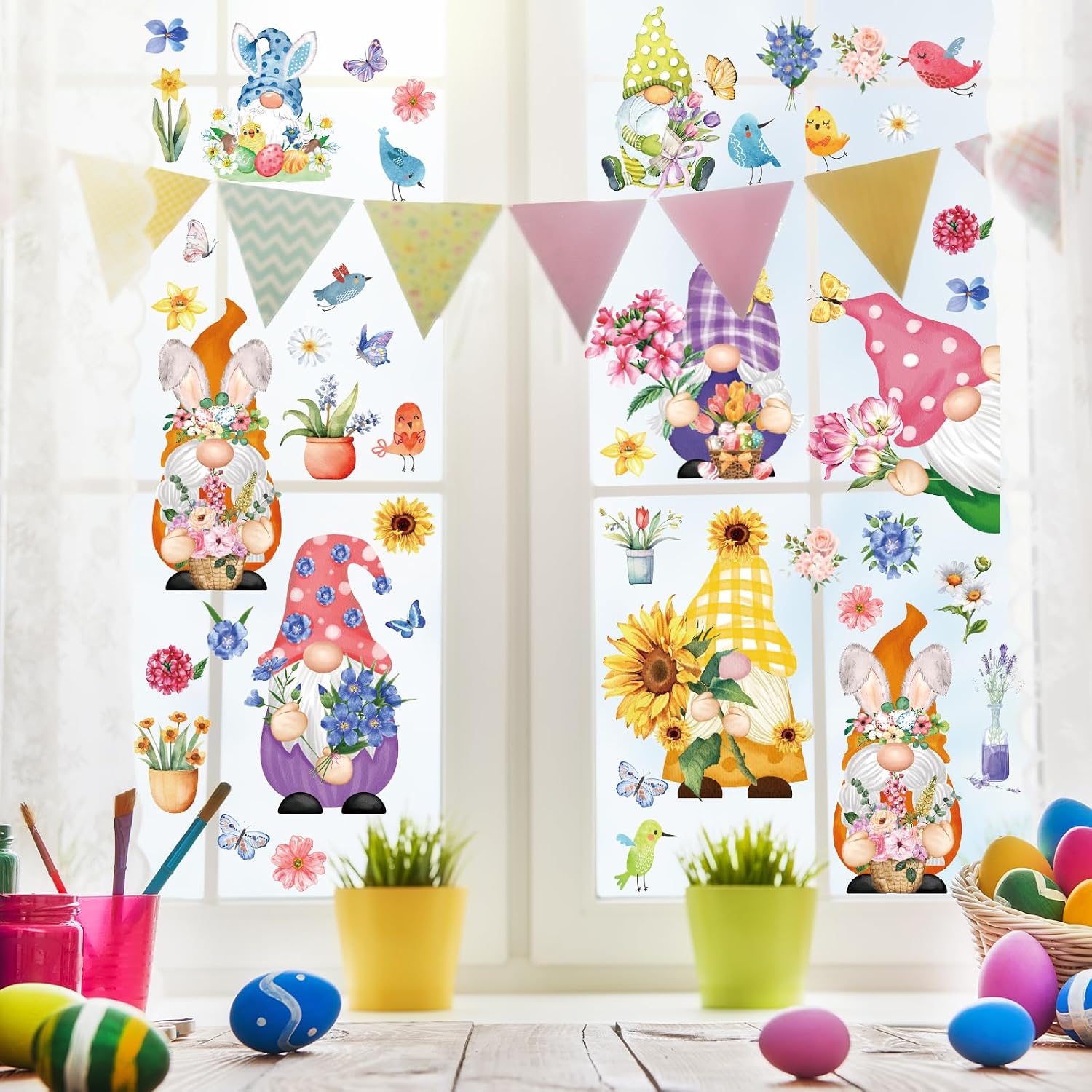 Whaline 9 Sheets Spring Easter Gnome Flower Window Clings Watercolor Floral Butterfly Birds Window Stickers Colorful Reusable Static Glass Decals for Home School Party Decor Supplies