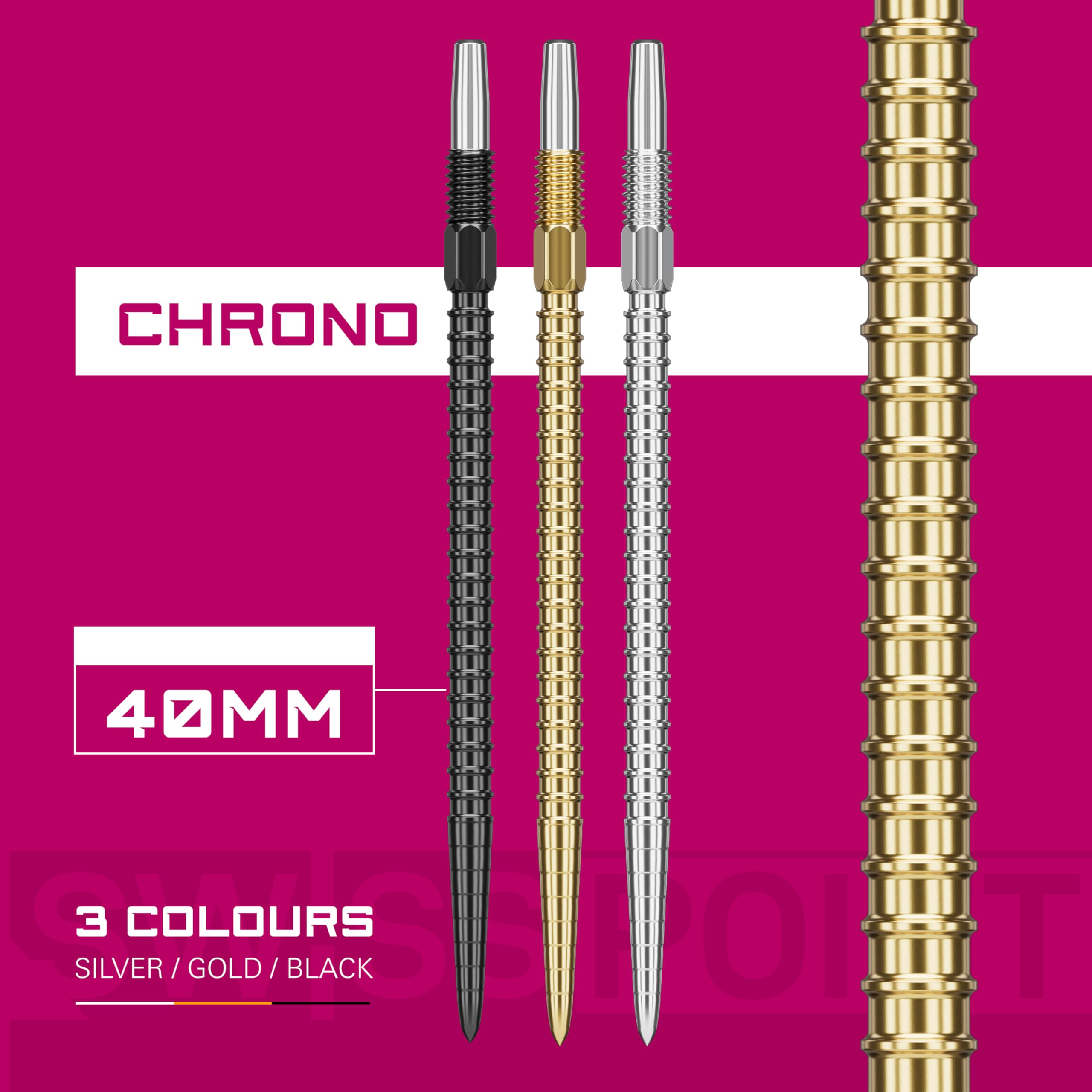 Target Darts Puntas para Dardos Swiss Point, Chrono (Juego de 3 Puntas) 26MM/30MM/35MM/40MM - Oro/Plata/Negro | Puntas para Dardos de Cambio, Puntas Swiss Storm, Accesorios Profesionales para Dardos