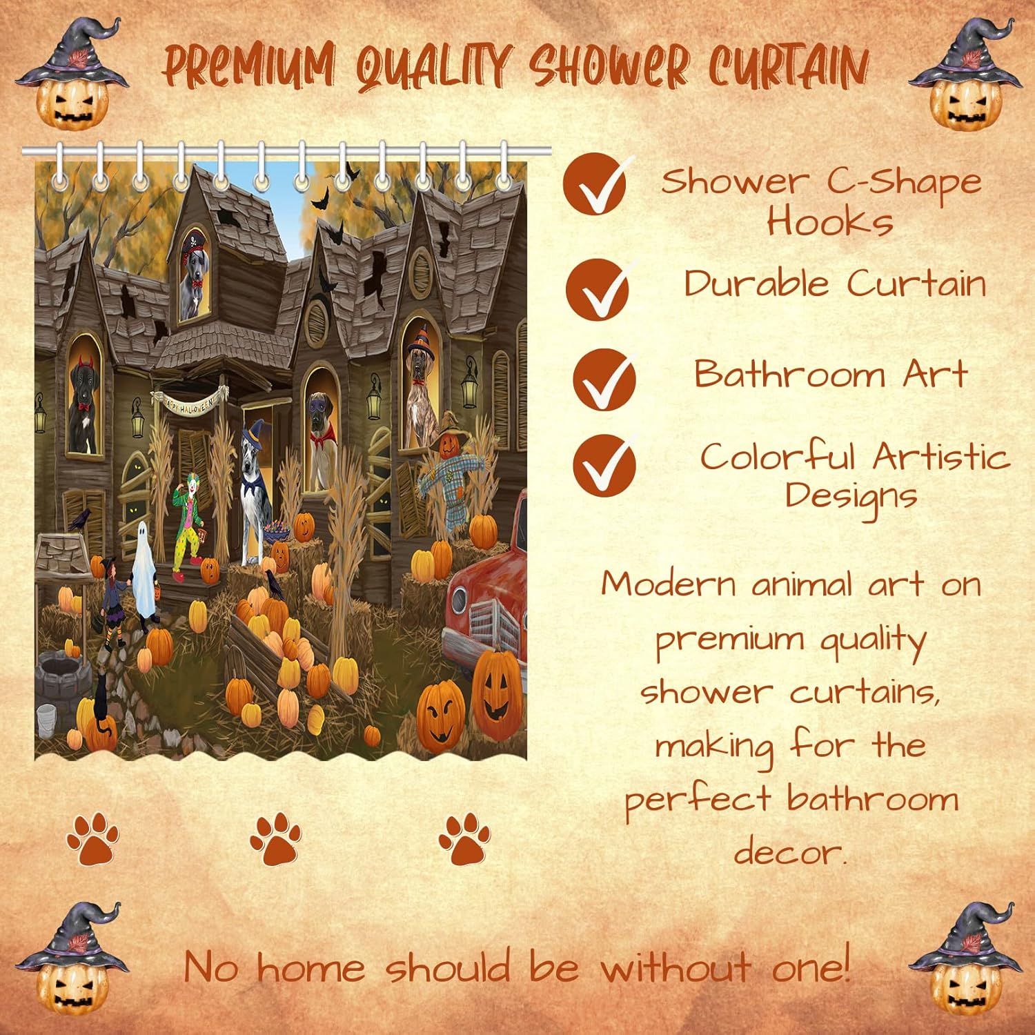 Haunted House Halloween Trick or Treat Great Dane Dogs Shower Curtain - Waterproof Polyester One-Side Printing Pet Bathtub Curtain Decor Curtain for Bathroom with Hooks, 72"x72"