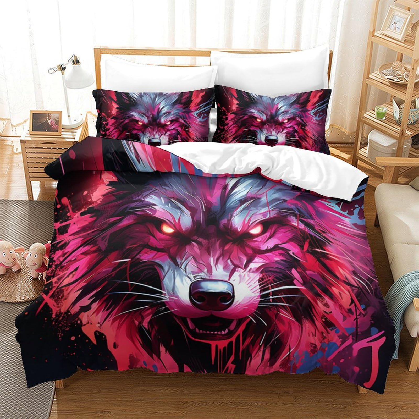 Housse de couette 260x220 loup 3D parure lit microfibre 3 pièces