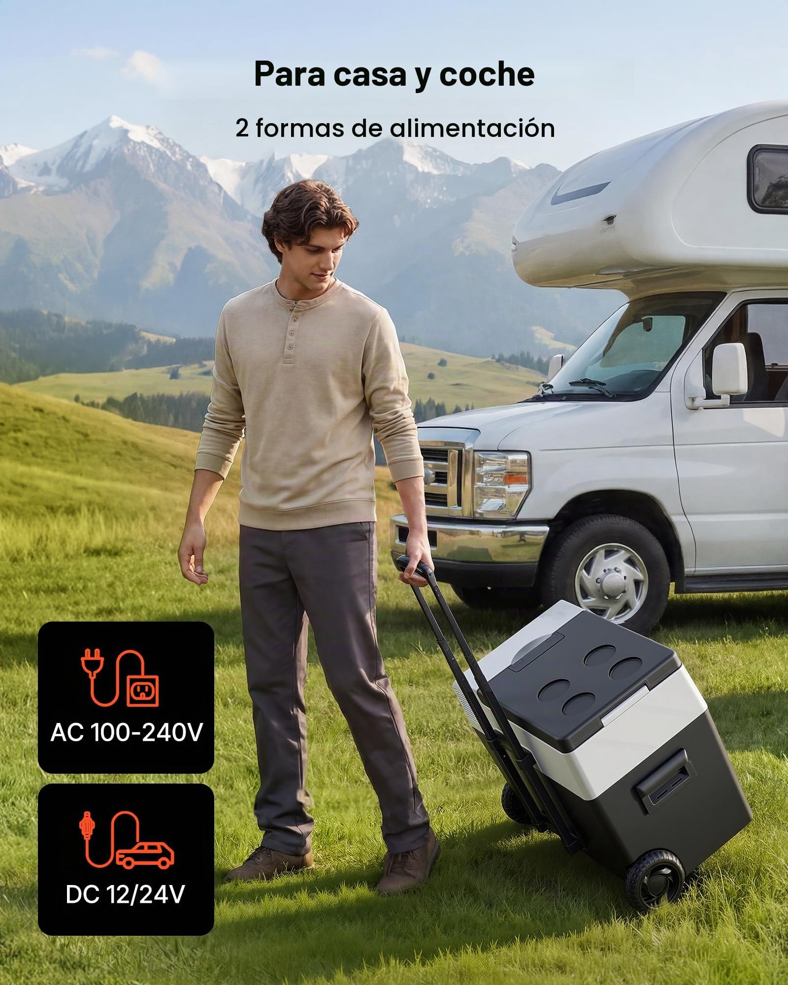 VEVOR Nevera Portátil para Coche 40 L con Compresor, Refrigerador para Coche Temperatura Ajustable de -22 a 10 °C, 12/24 V CC y 100-240 V CA, con Ruedas y Asa Retráctil, para Autocaravanas, Camping