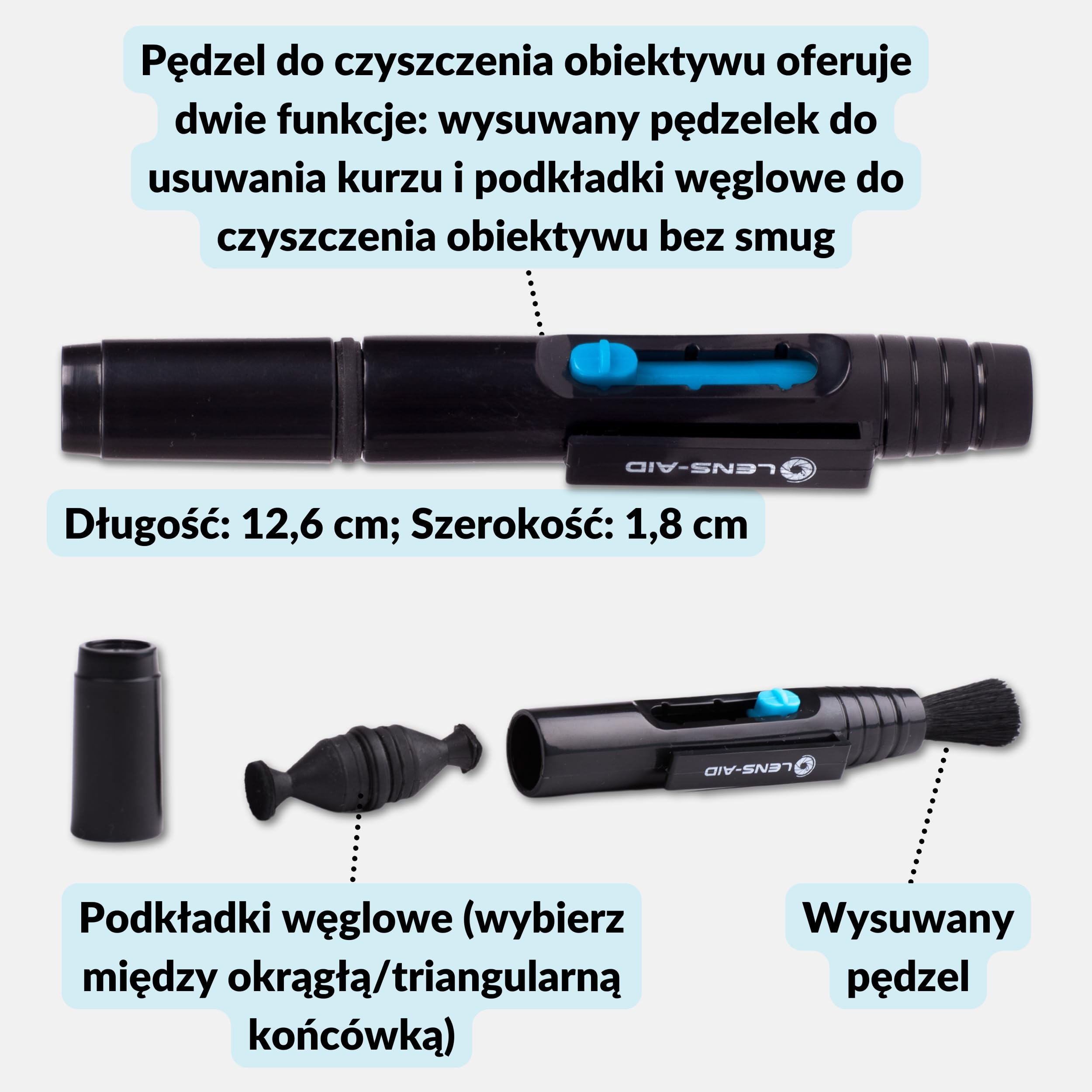 LENS-AID Pisak do obiektywu zestaw 2 szt z pędzelkiem i padami | Wysuwany pędzelek, okrągła i trójkątna końcówka do obiektywu, filtra i wizjera, kompaktowy klips