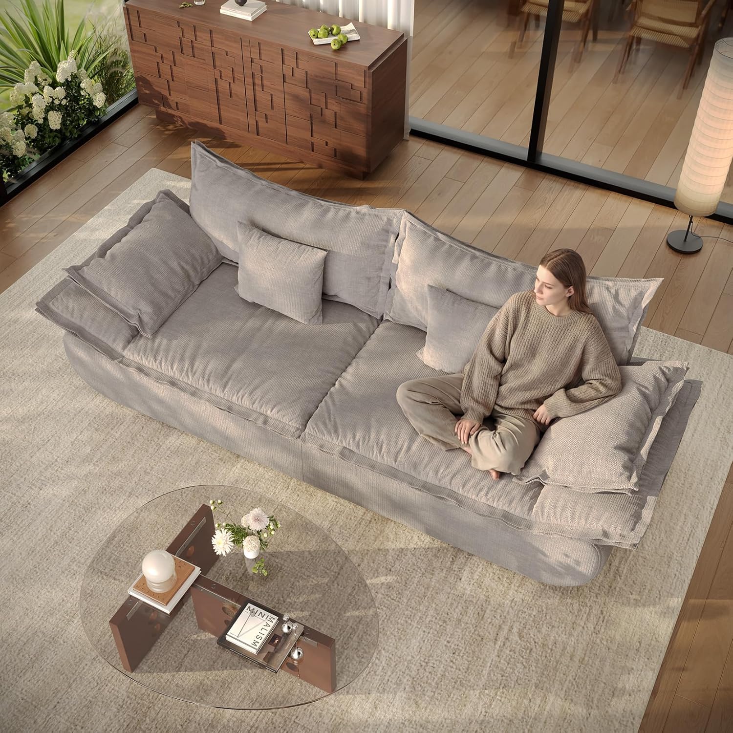 Vesgantti 86.6" Cloud Couch for Living Room, Modern 3 Seater Sailboat Sofa with Deep Seat, Comfy Chenille Upholstered Boneless Couch with Curved Armrest, No Assembly Required, Light Grey - Thumbnail 3