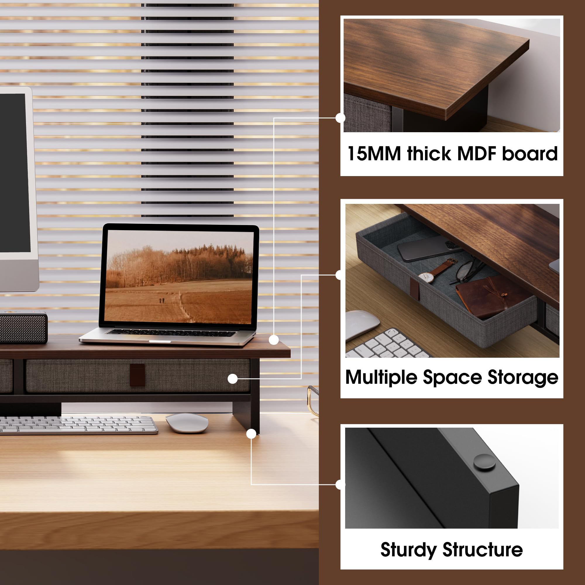 Fenge Support Ecran PC 90cm, 2 Tiroirs Lin, Ordinateur Moniteur TV, Marron | 2 Appareils, Charge 30kg, Pied Supplémentaire, 2 Niveaux, Pastilles Antidérapantes, Organiseur,Écran Imprimante Bureau Maison