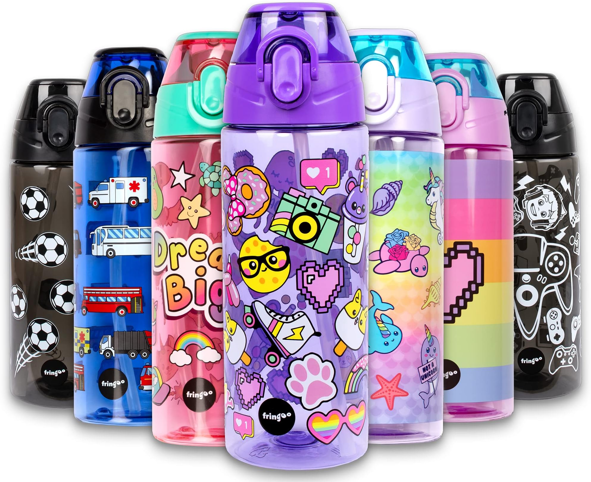 Fringoo - 600ml Kids Water Bottle with Straw & Fliptop Lock - 100% Leakproof - BPA Free 600ml Kids Water Bottle for School - Rainbow Smile